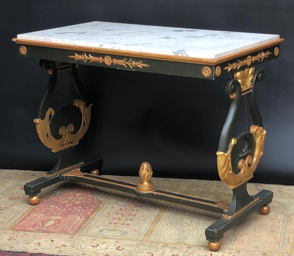 Neoclassic Italian Parcel-Gilt Verde Lyre Base Marble Top Table / Console 19th C 10