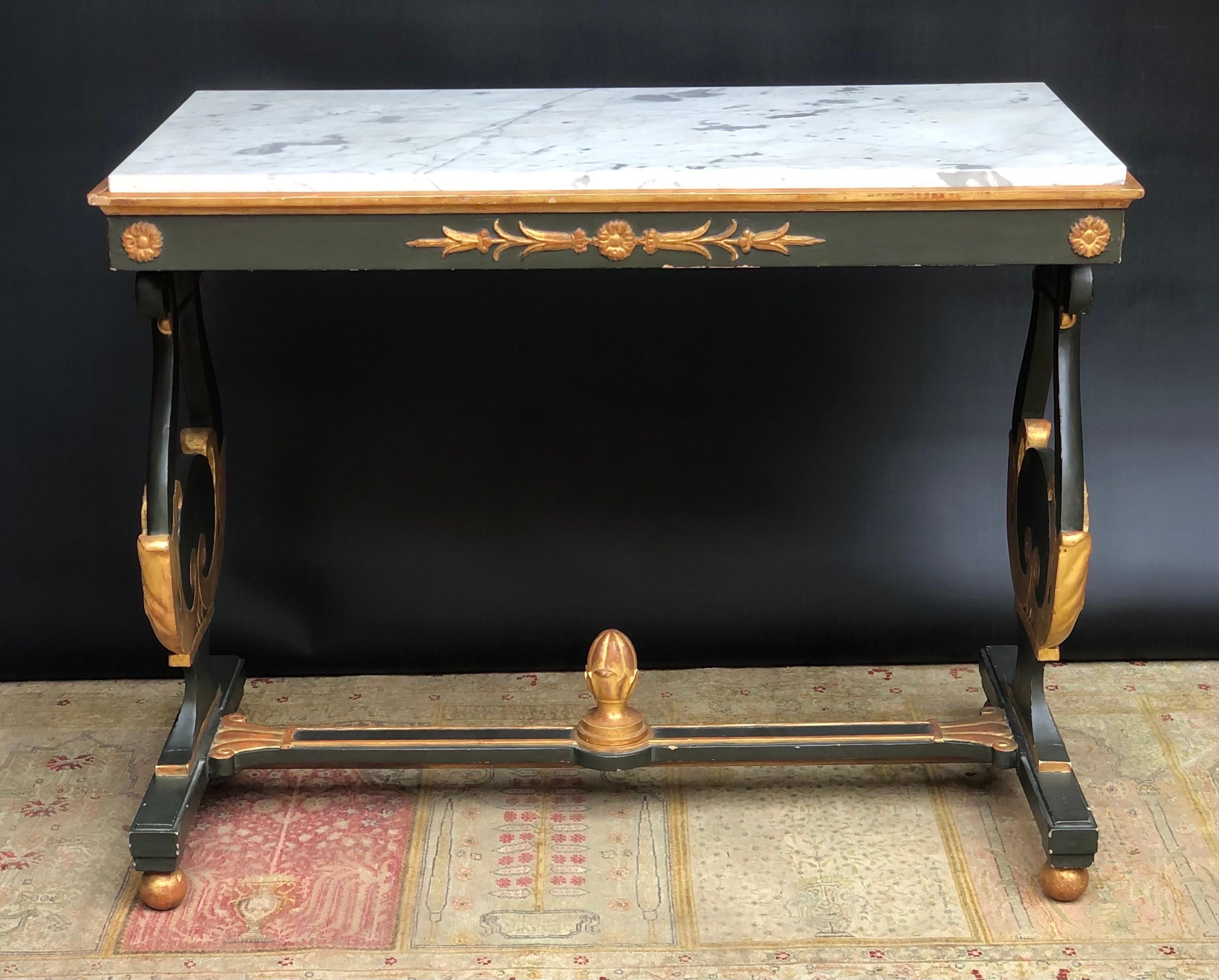 Neoclassical Neoclassic Italian Parcel-Gilt Verde Lyre Base Marble Top Table / Console 19th C