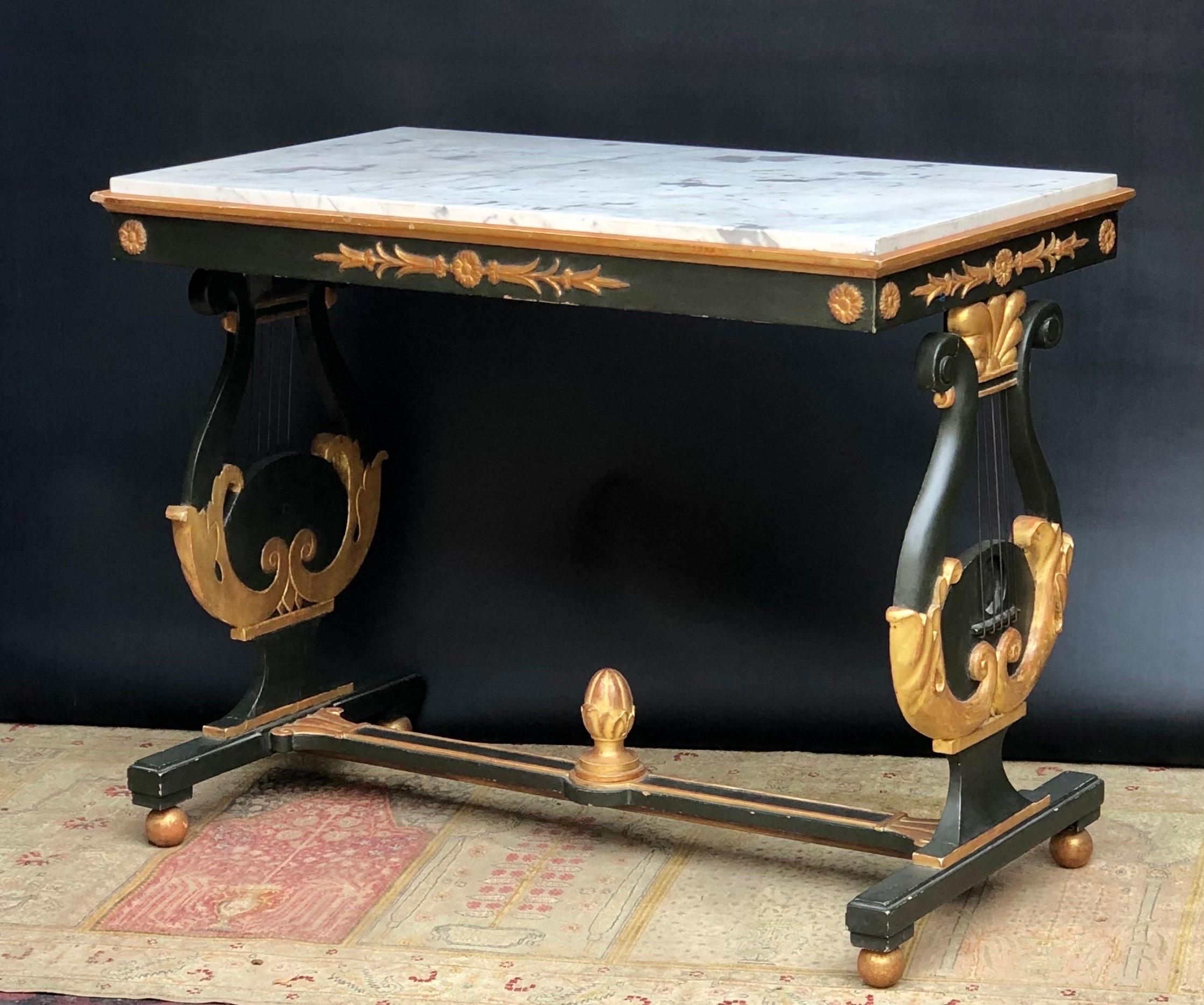 Neoclassic Italian Parcel-Gilt Verde Lyre Base Marble Top Table / Console 19th C In Good Condition In Charleston, SC