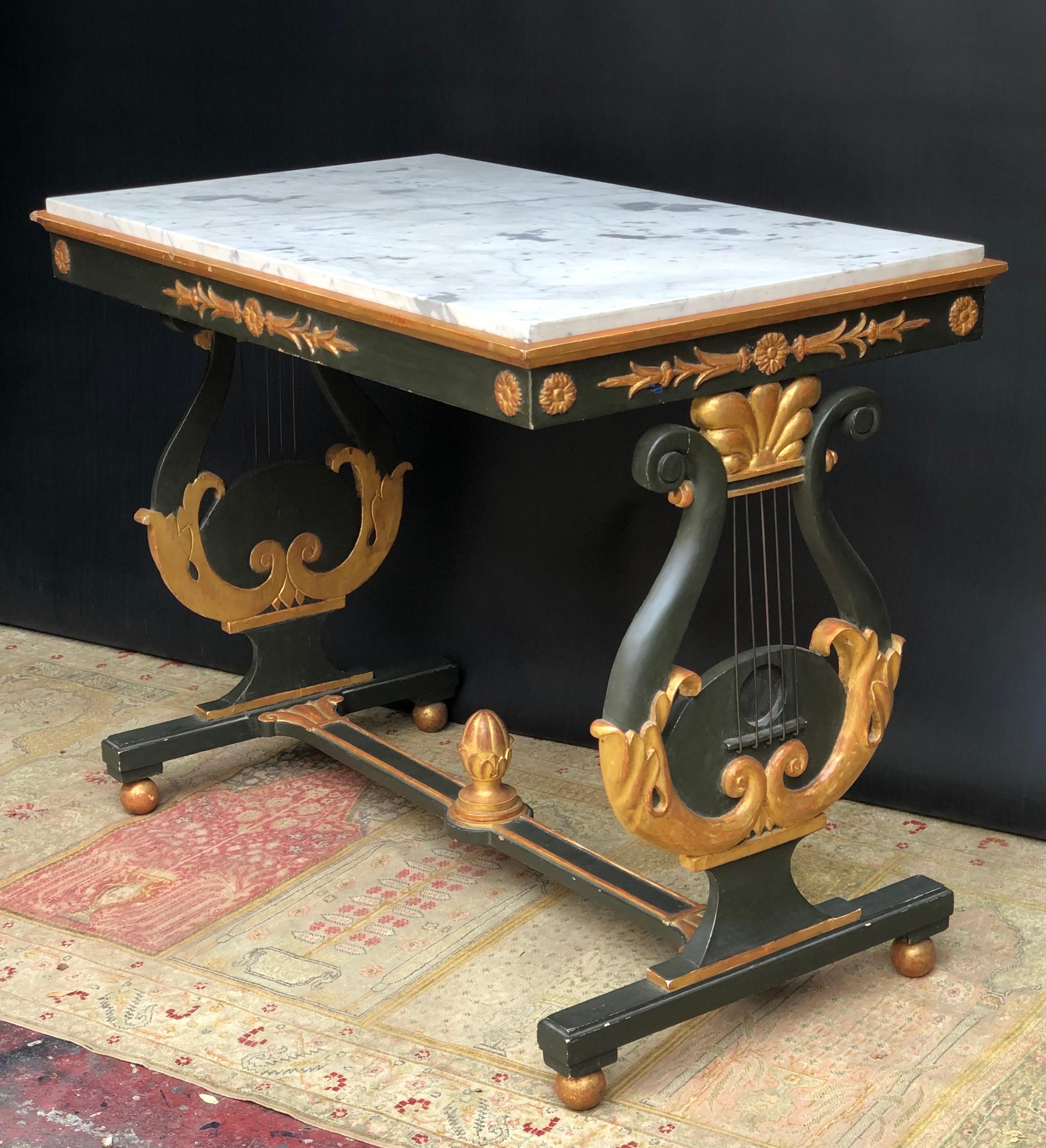19th Century Neoclassic Italian Parcel-Gilt Verde Lyre Base Marble Top Table / Console 19th C