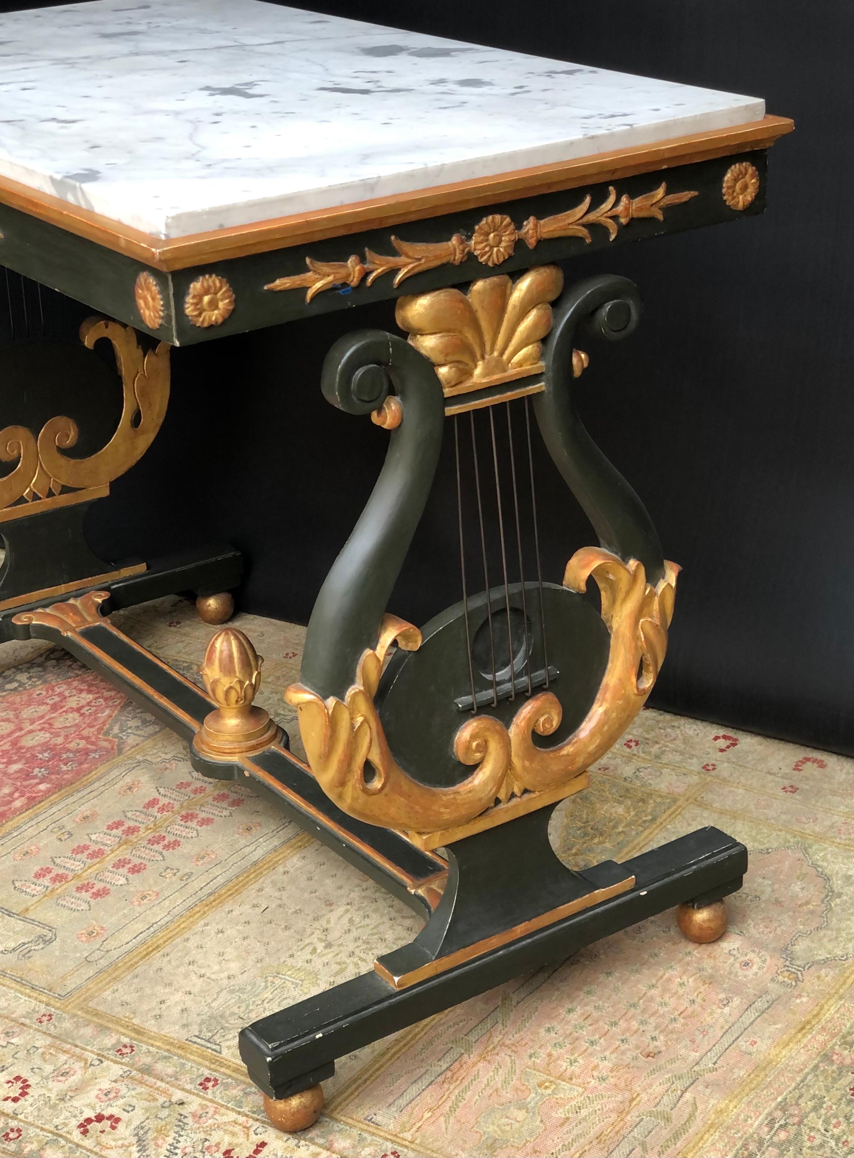 Carrara Marble Neoclassic Italian Parcel-Gilt Verde Lyre Base Marble Top Table / Console 19th C