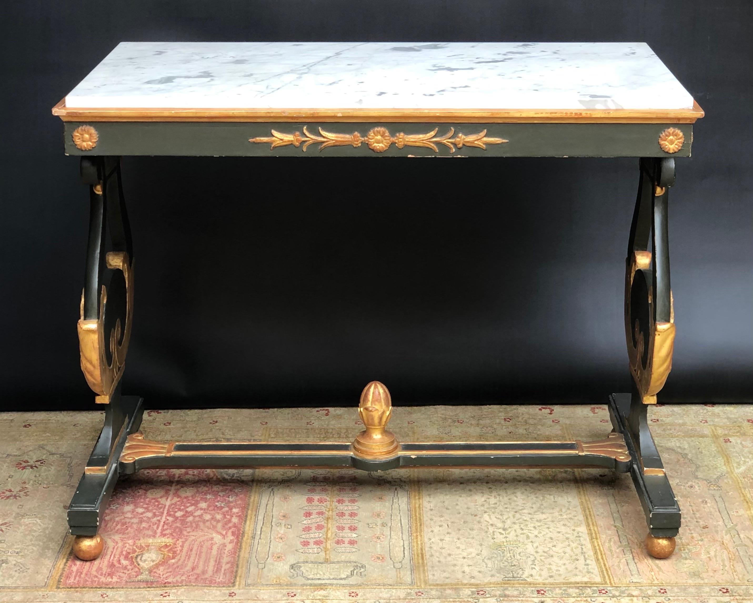 Neoclassic Italian Parcel-Gilt Verde Lyre Base Marble Top Table / Console 19th C 3