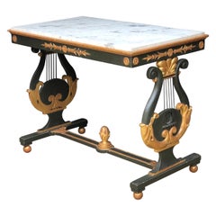 Antique Neoclassic Italian Parcel-Gilt Verde Lyre Base Marble Top Table / Console 19th C