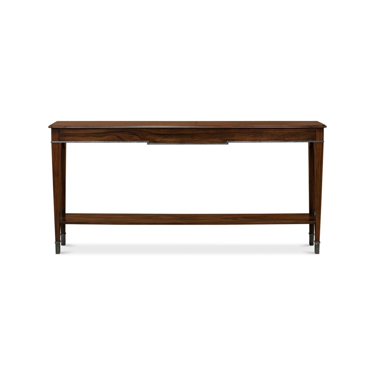 Introducing the NeoClassic Long Console - a stunning piece of furniture that is sure to elevate your interior design. Crafted with premium Paldeo veneers in a rich dark walnut finish, the top of this console boasts a subtle breakfront design that is
