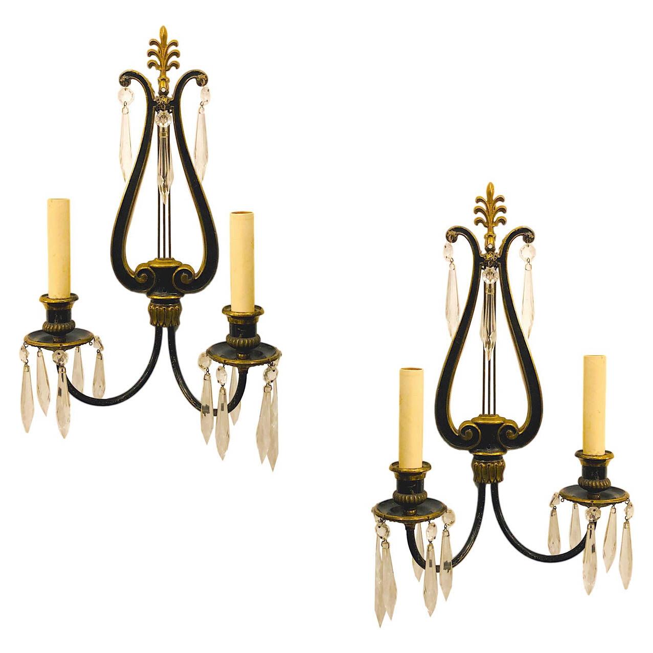 Neoclassic Lyre Sconces with Crystal Drops