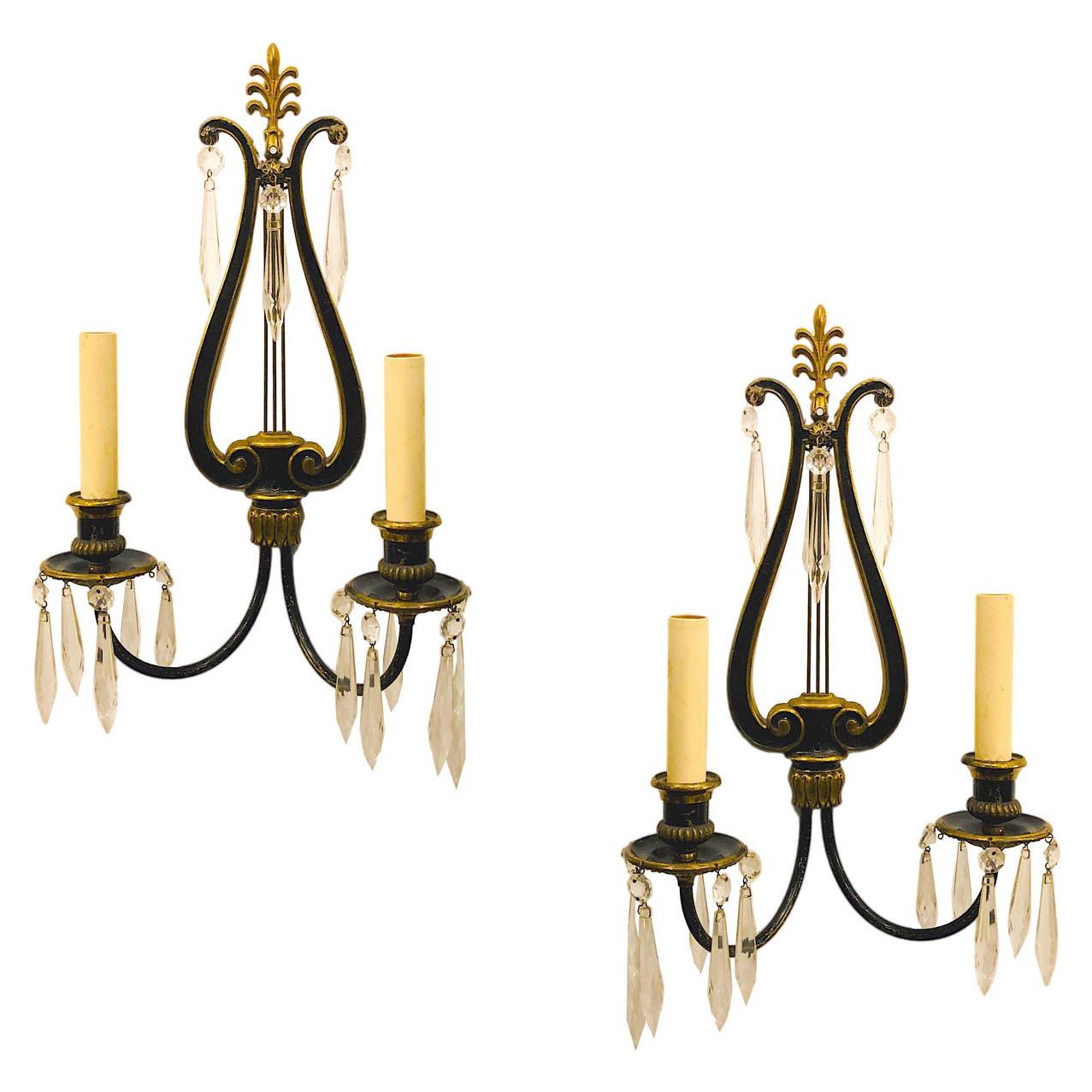 Neoclassic Lyre Sconces with Crystal Drops For Sale