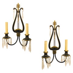 Neoclassic Lyre Sconces with Crystal Drops