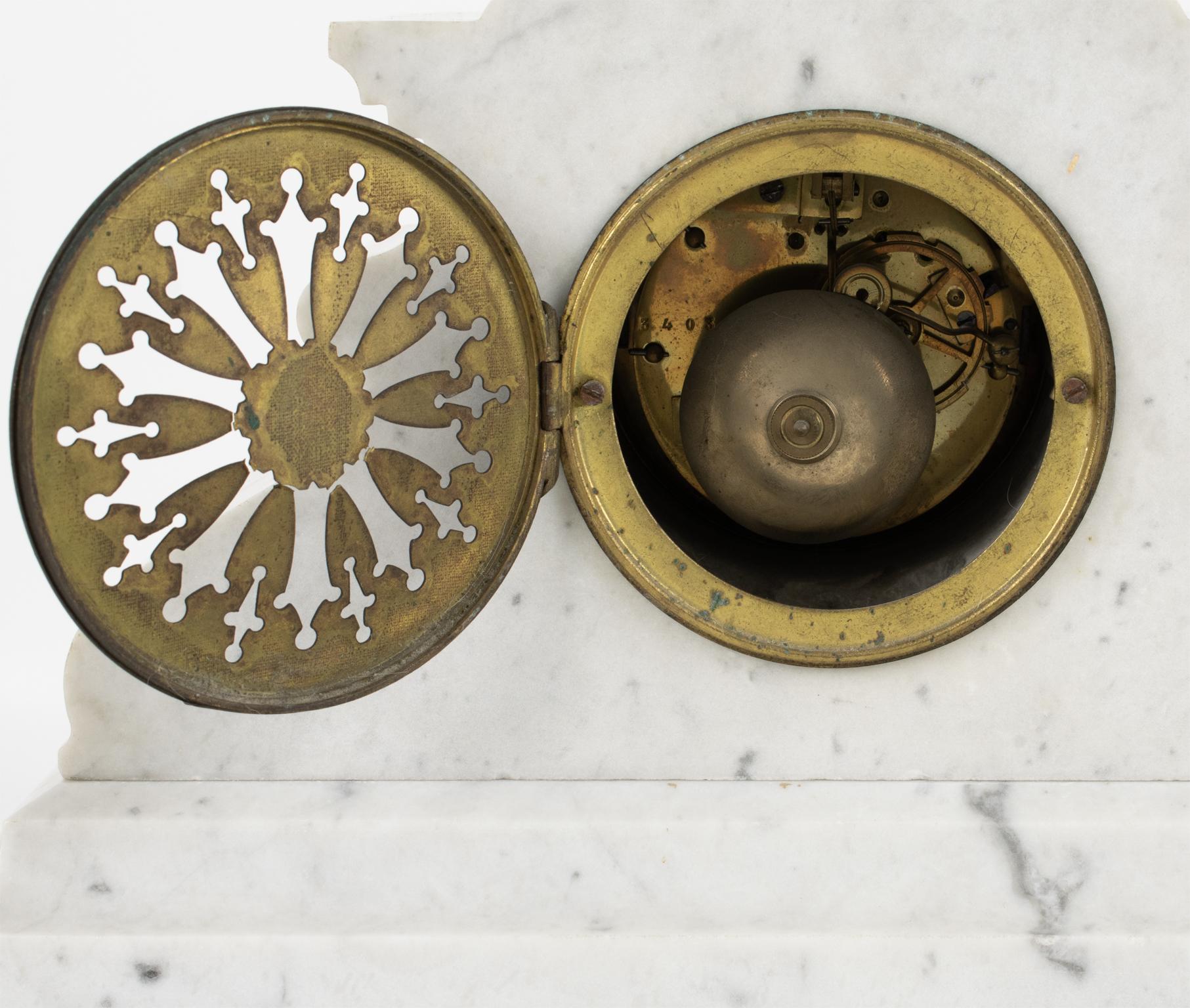 Neoclassic Marble and Bronze Mantle Clock 3 pieces by J. Bondat, circa 1870 For Sale 3