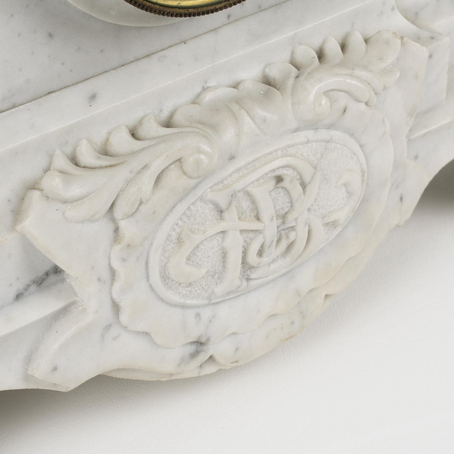 Neoclassic Marble and Bronze Mantle Clock 3 pieces by J. Bondat, circa 1870 For Sale 13