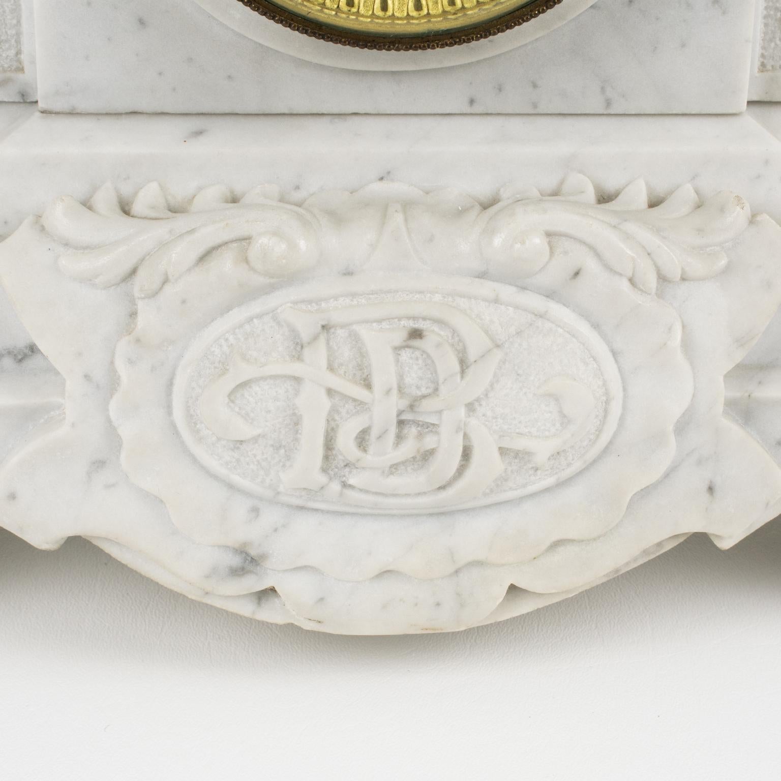 Napoleon III Neoclassic Marble and Bronze Mantle Clock 3 pieces by J. Bondat, circa 1870 For Sale