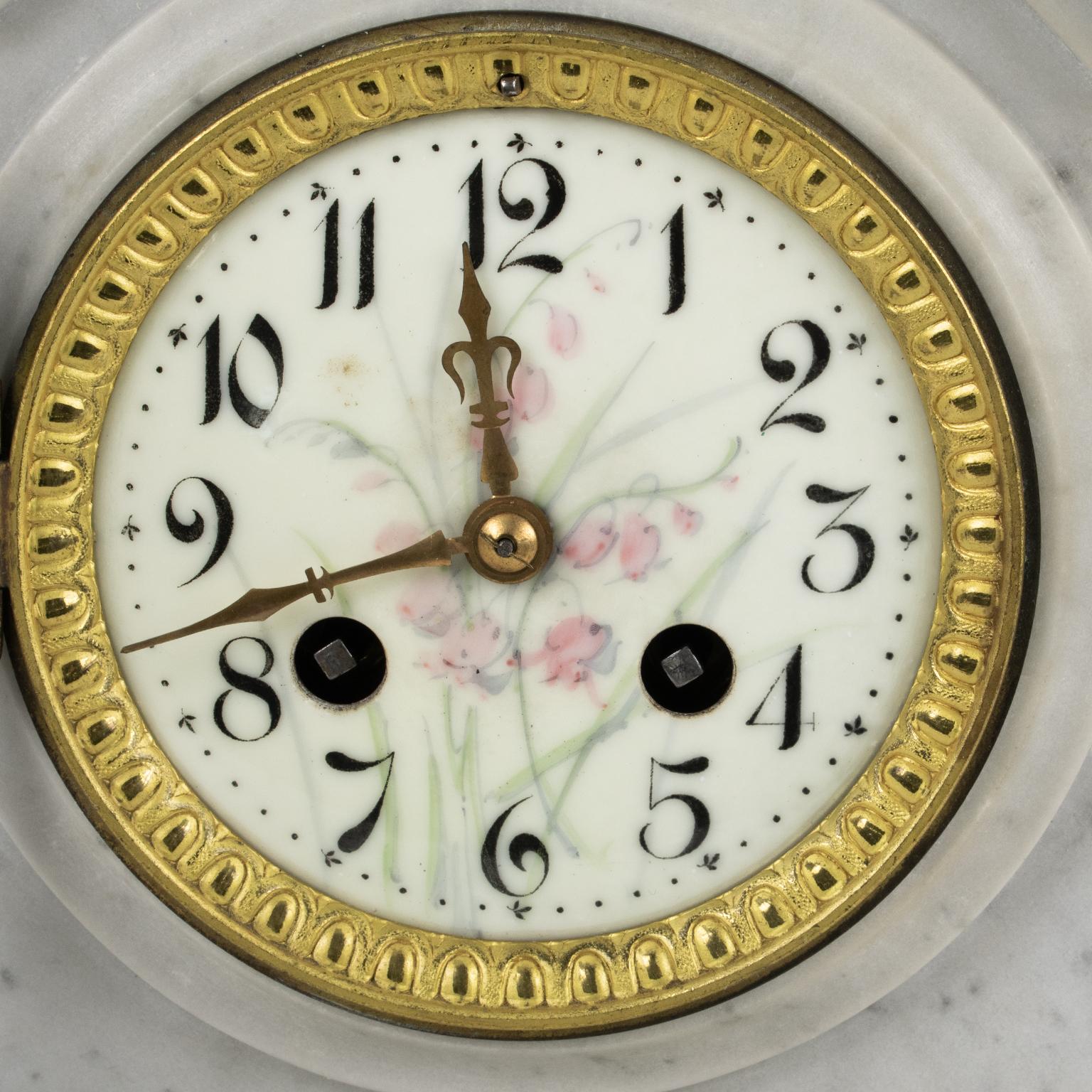 Late 19th Century Neoclassic Marble and Bronze Mantle Clock 3 pieces by J. Bondat, circa 1870 For Sale