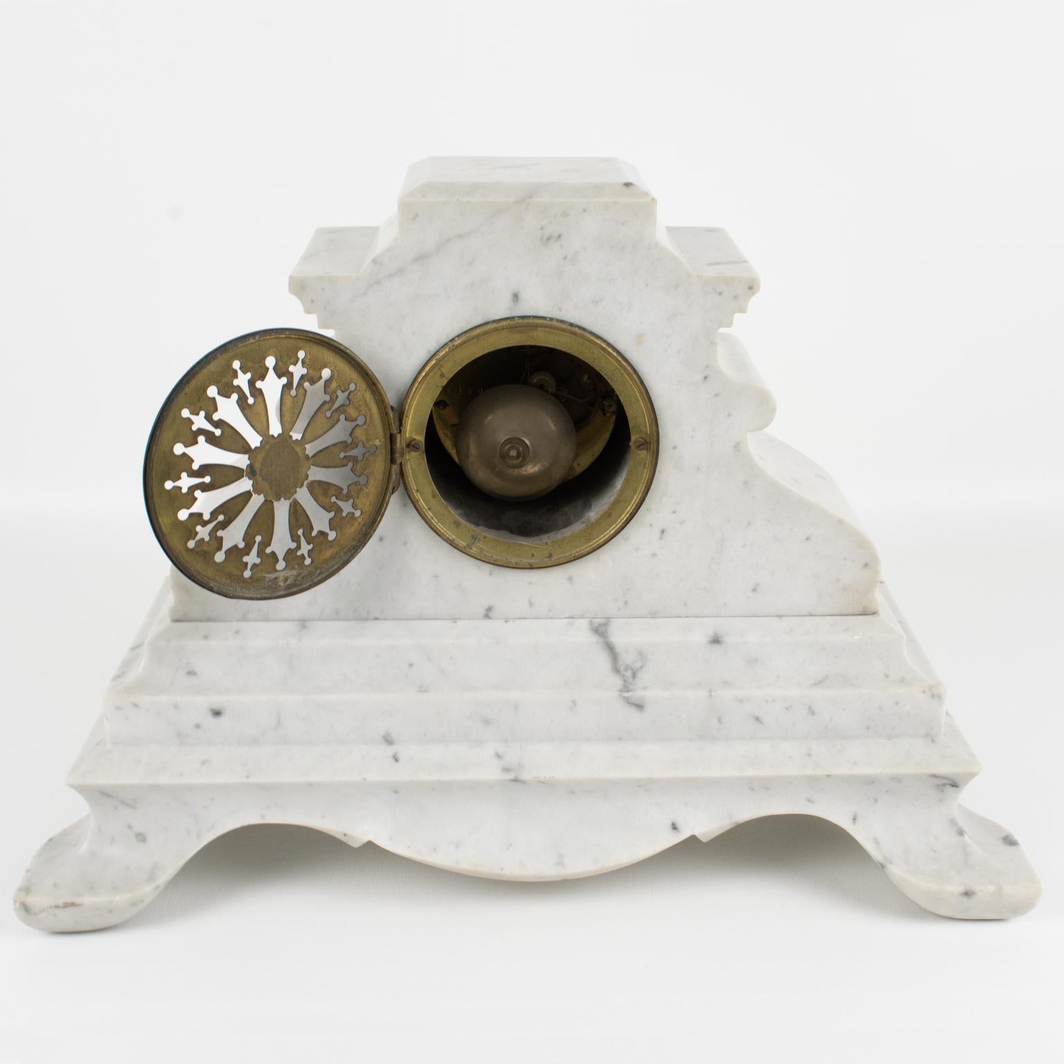 Neoclassic Marble and Bronze Mantle Clock 3 pieces by J. Bondat, circa 1870 For Sale 2