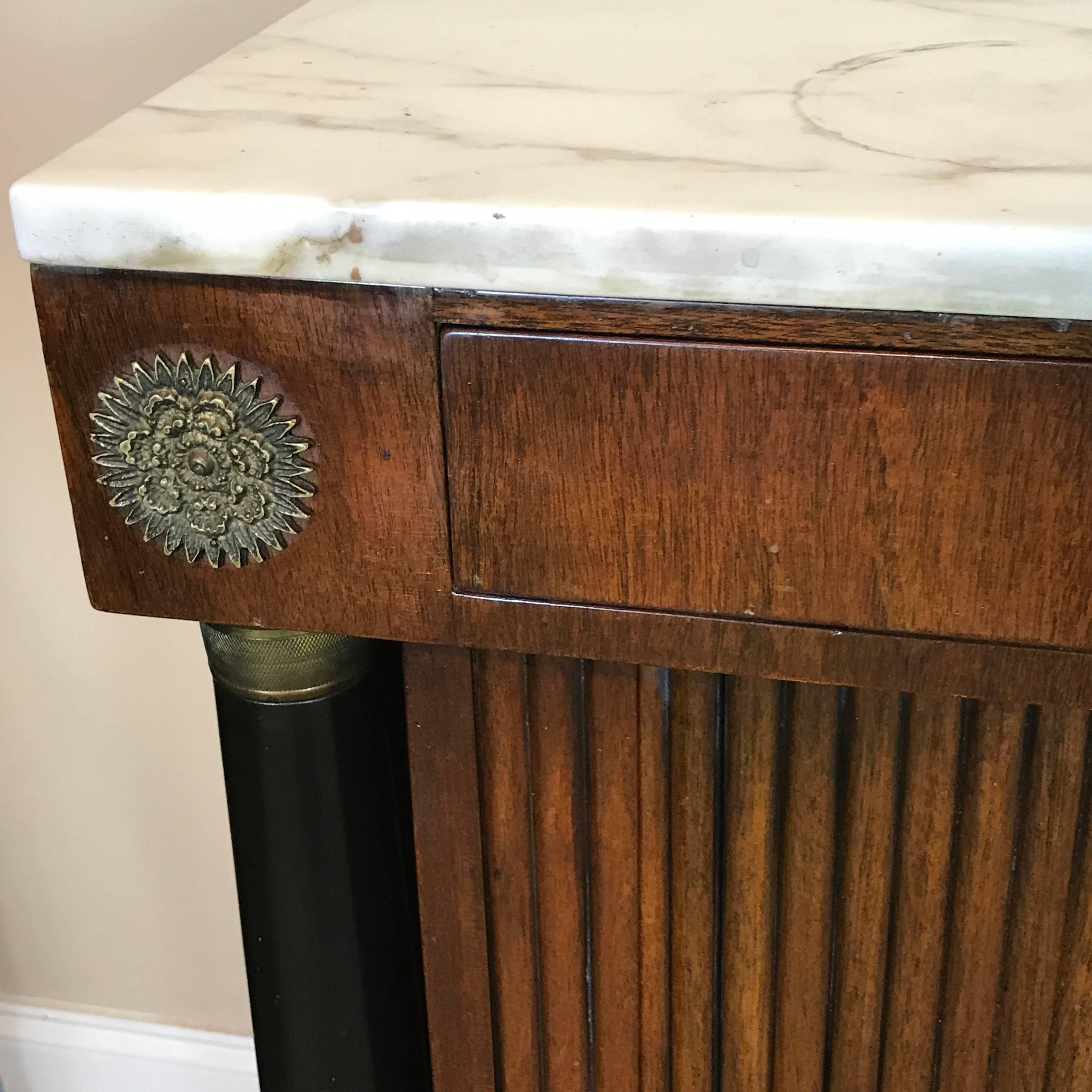 Ebonized Neoclassic Marble-Top Tambour Cabinet in the Style of Maison Jansen