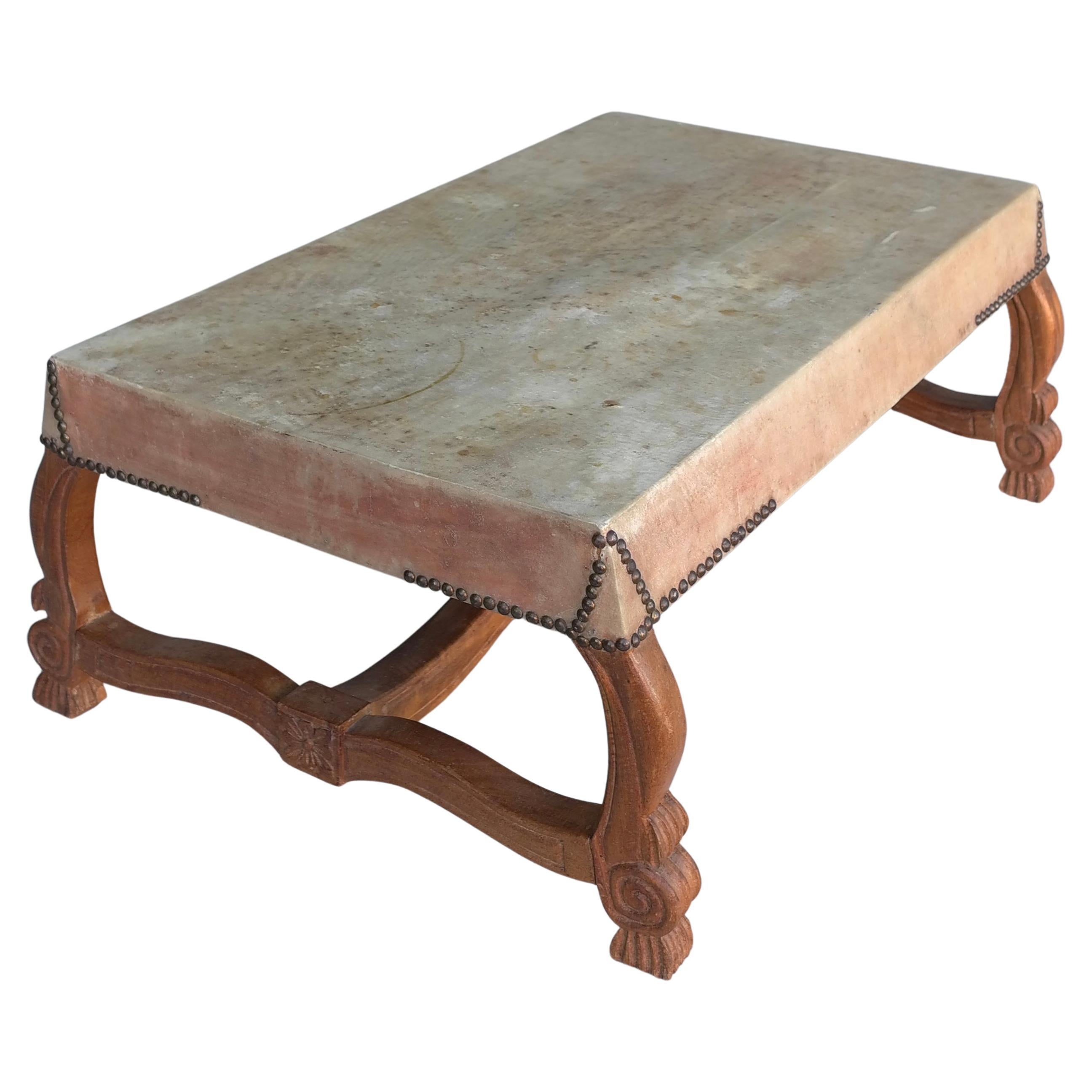 Neoclassic Mid-Century Modern Wooden Table with Goatskin top, Italy 1960's For Sale