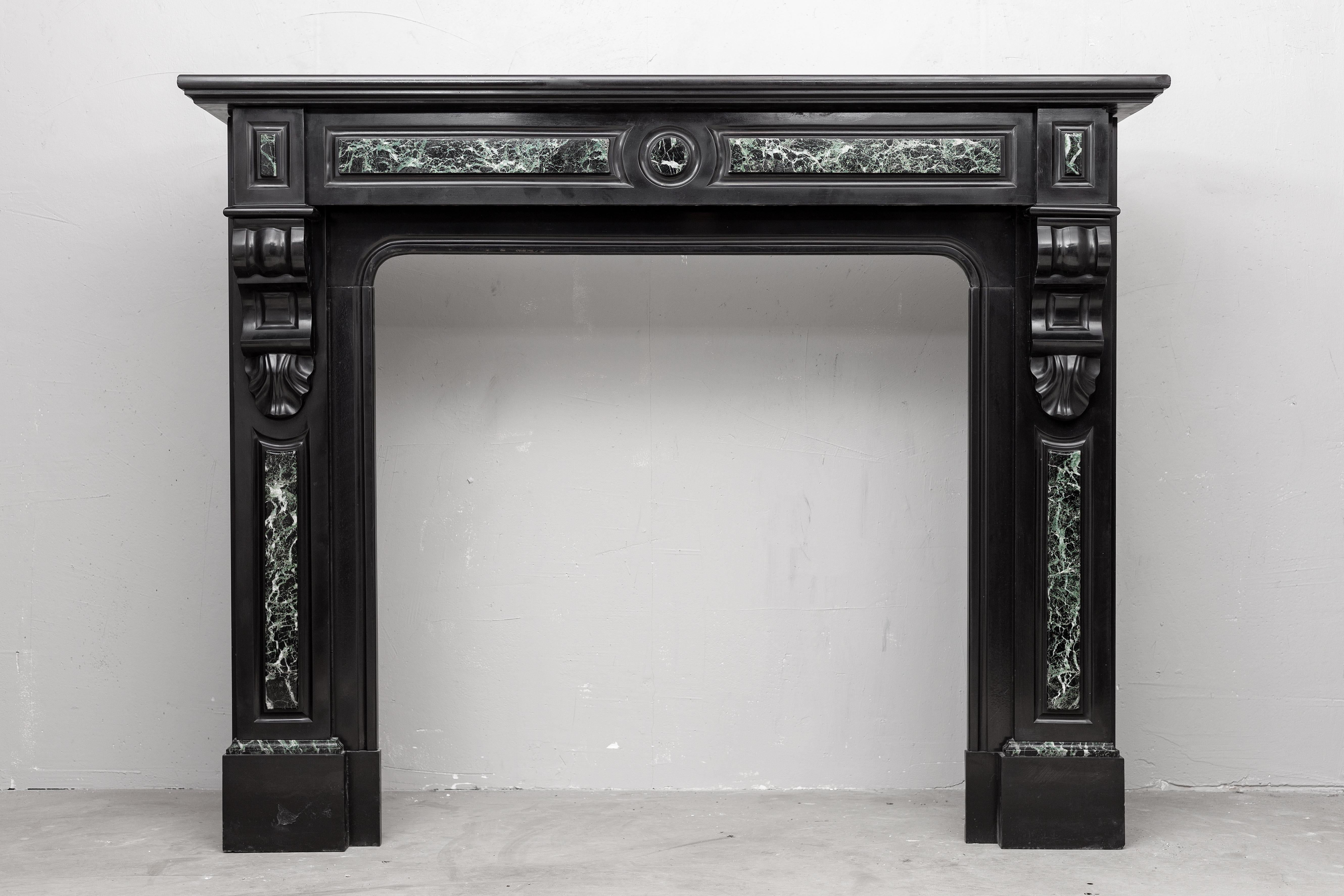 Hand-Carved Neoclassic Noir De Mazy Black Antique Fireplace For Sale