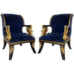 Neoclassic Pair of Lacquered & Parcel-Gilt Open Armchairs Manner of Thomas Hope