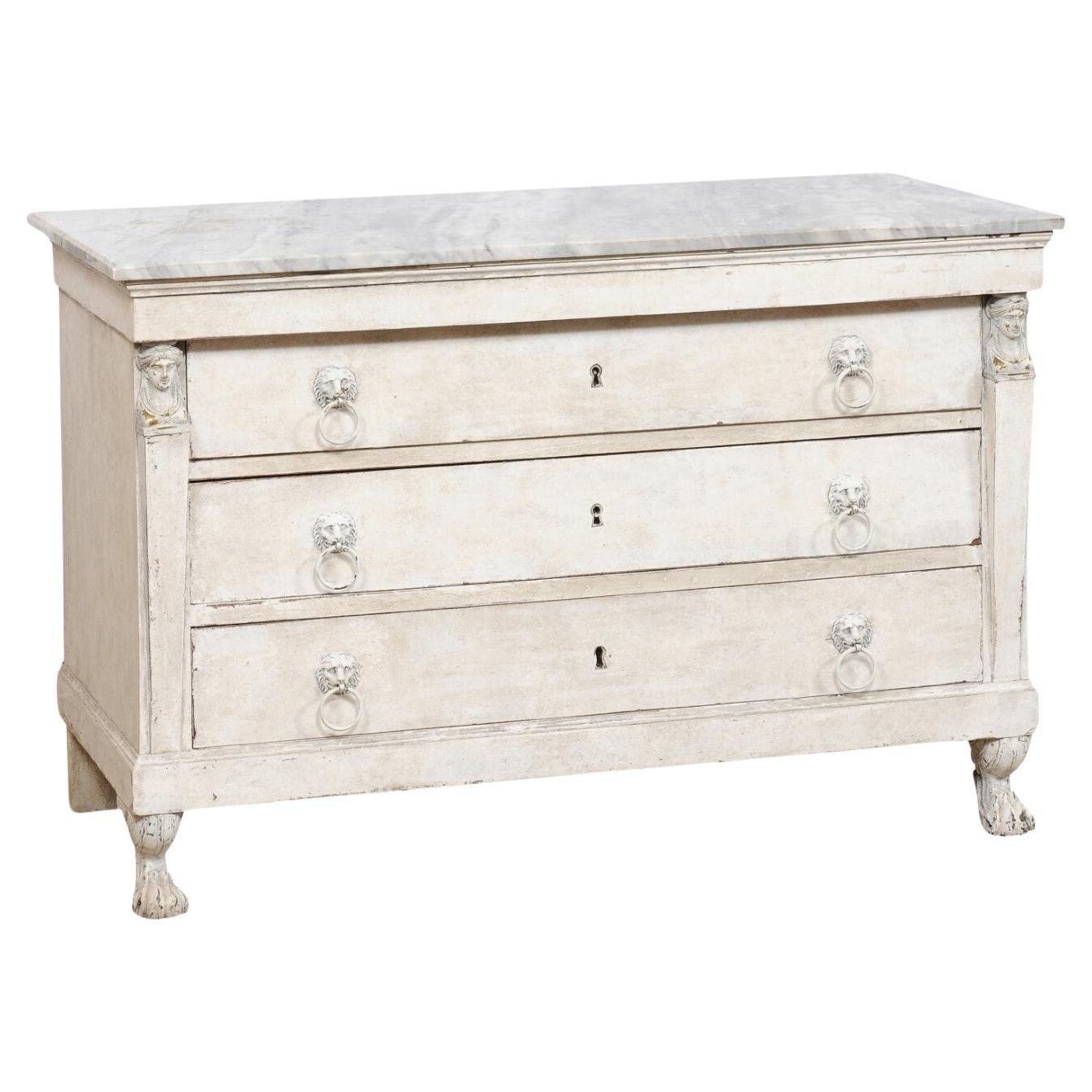 Neoclassic Period French Marble-Top Commode w/Paw Feet & Lion's Head Pulls For Sale