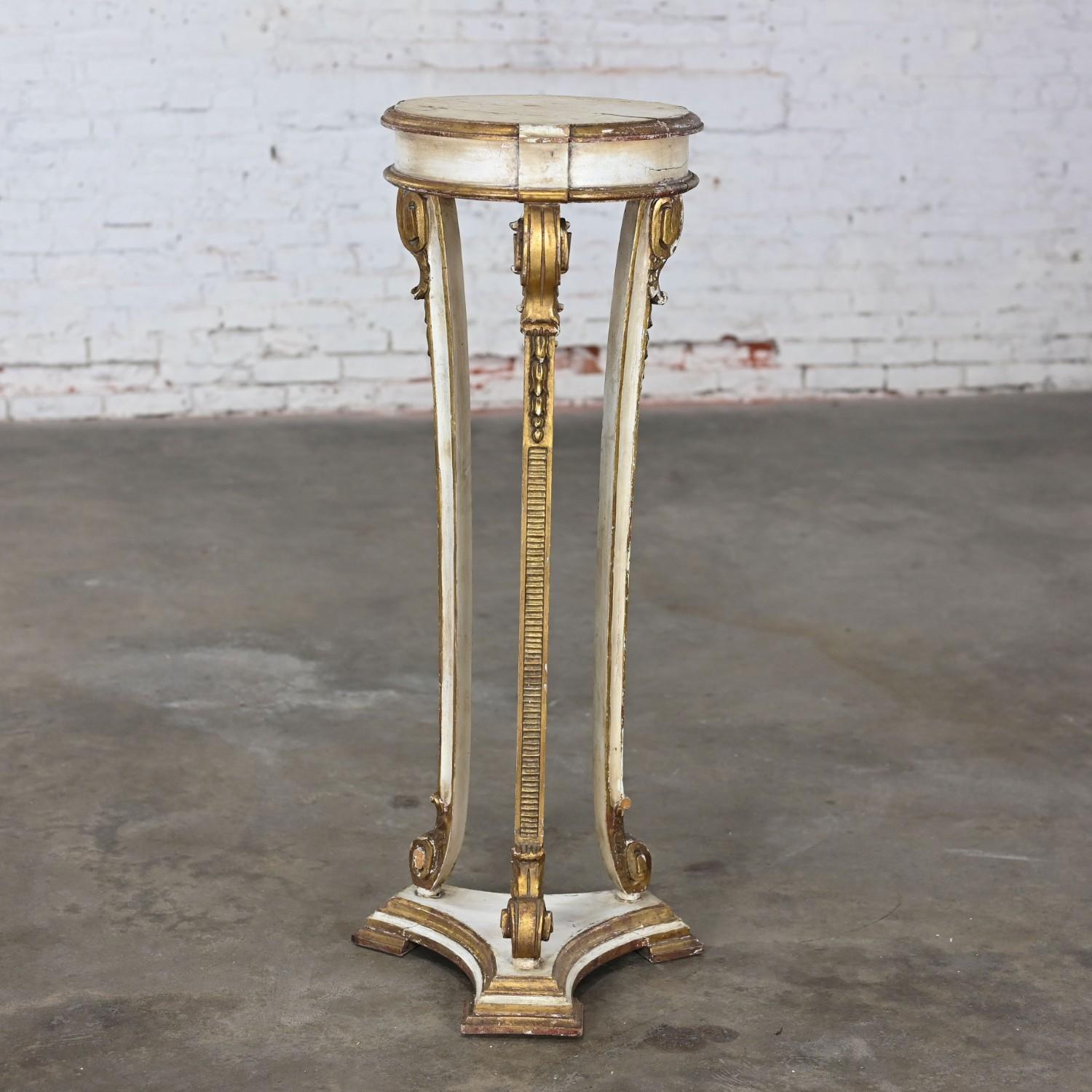 Gilt Neoclassic Revival Distressed Tall Sculptural Plant Stand or Pedestal Table