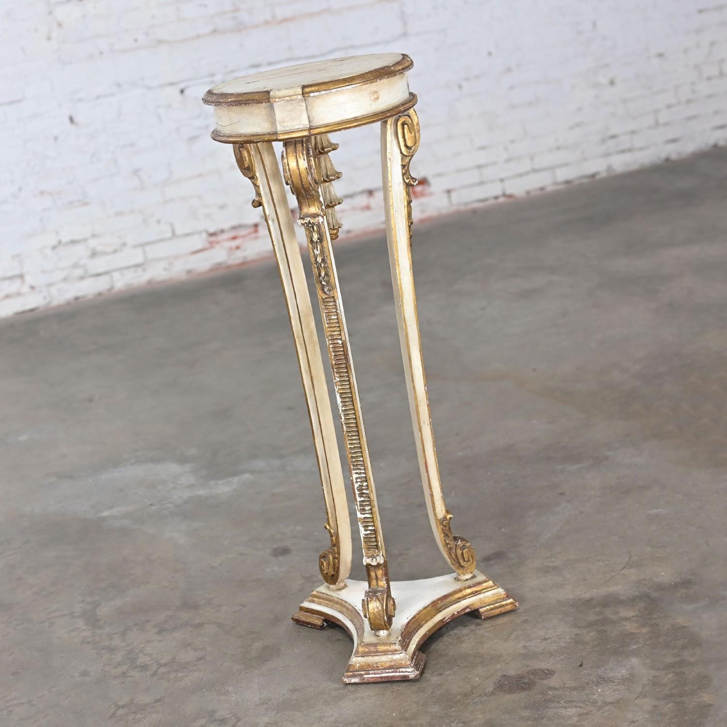 Neoclassic Revival Distressed Tall Sculptural Plant Stand or Pedestal Table In Good Condition In Topeka, KS