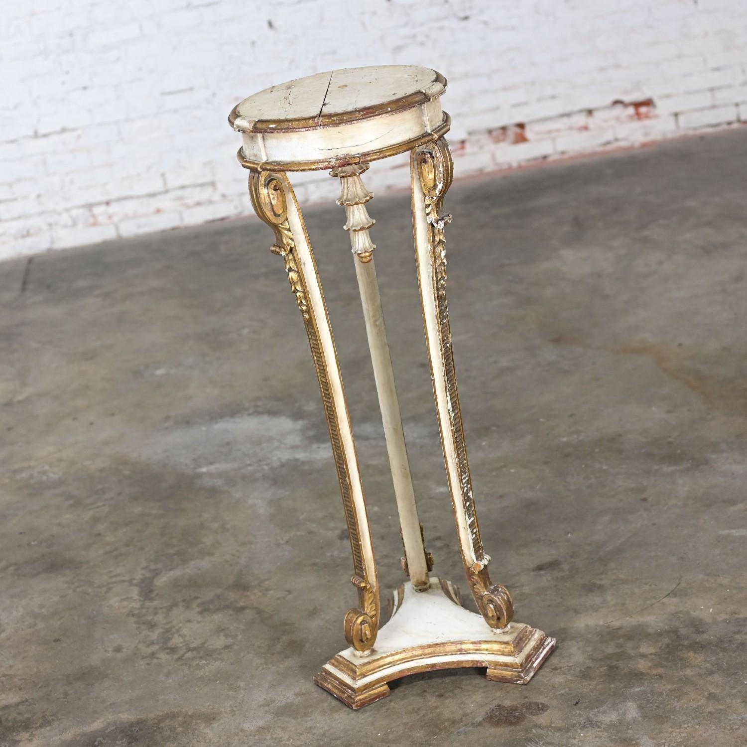 Wood Neoclassic Revival Distressed Tall Sculptural Plant Stand or Pedestal Table