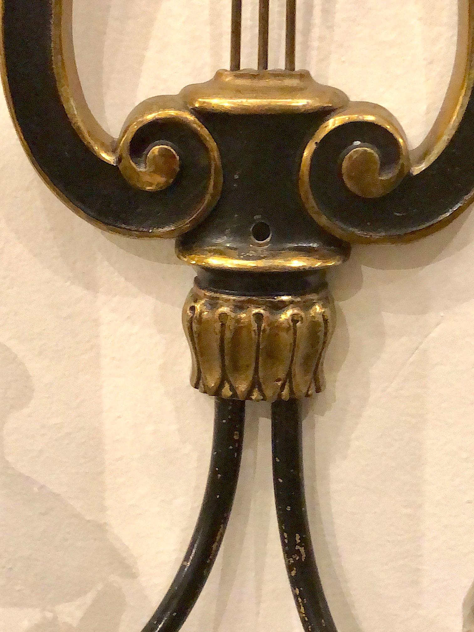 Gilt Neoclassic Lyre Sconces with Crystal Drops For Sale