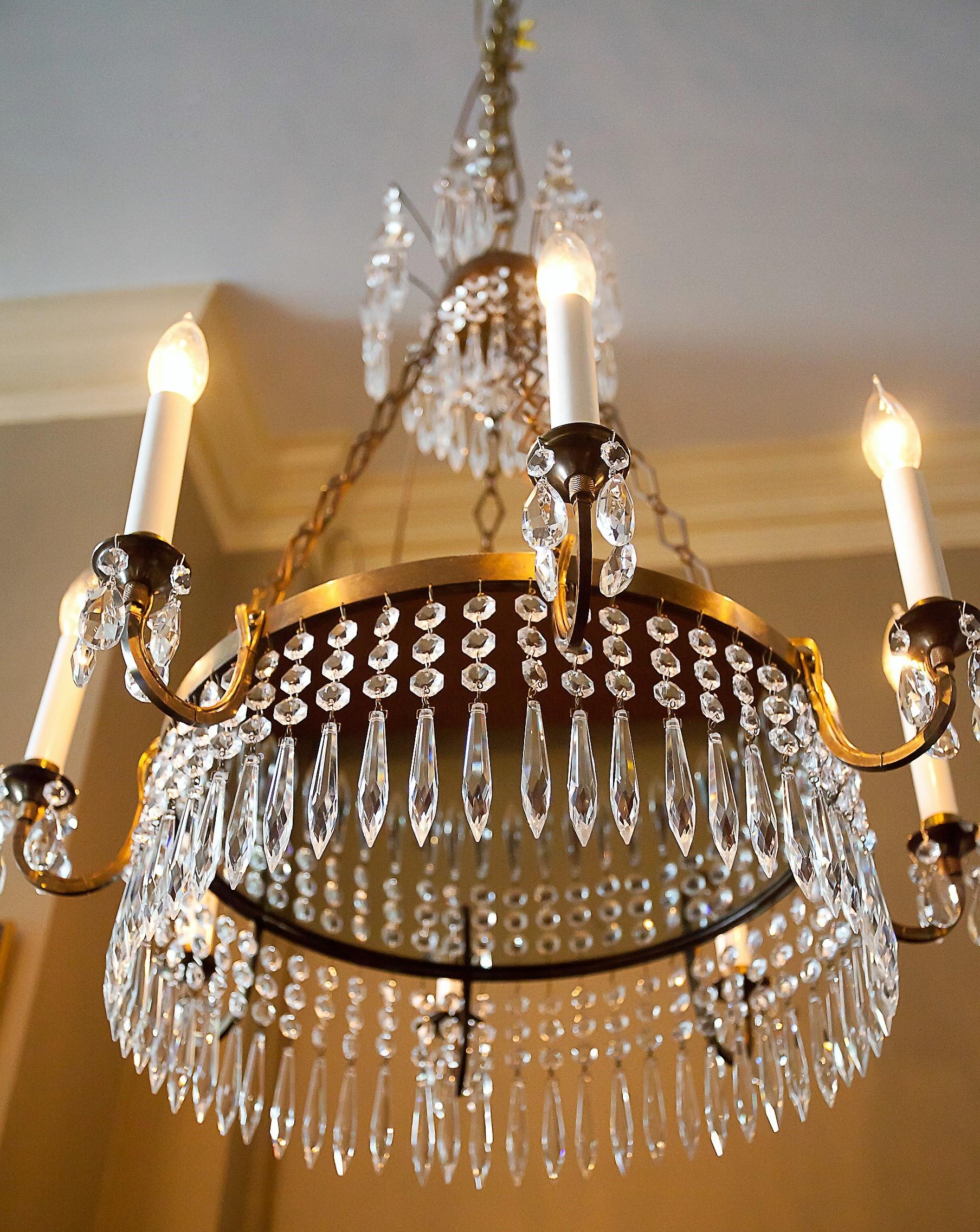 Neoclassical Neoclassic Style Eight-Light Brass and Crystal Chandelier, Sweden, circa 1900 