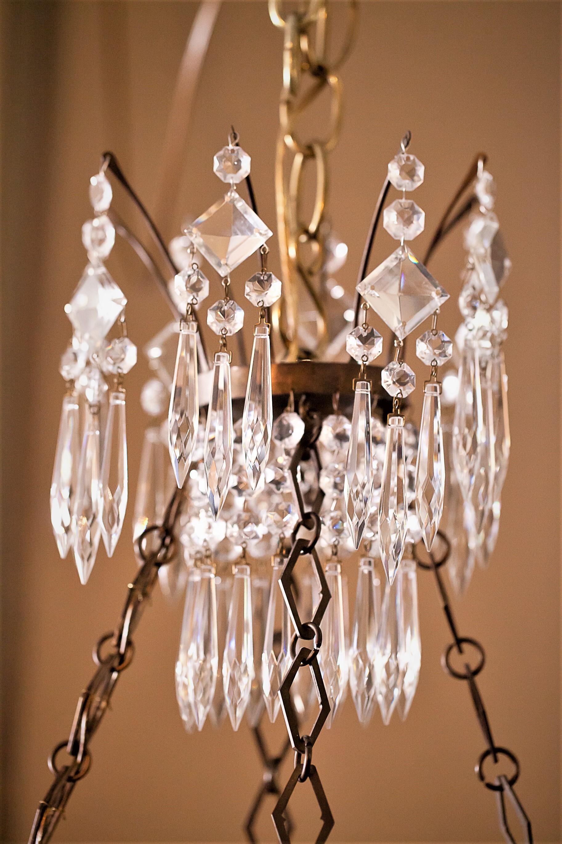 Neoclassic Style Eight-Light Brass and Crystal Chandelier, Sweden, circa 1900  In Good Condition In Alexandria, VA