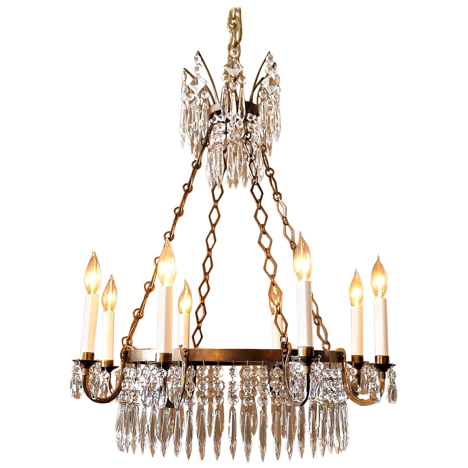 Neoclassic Style Eight-Light Brass and Crystal Chandelier, Sweden, circa 1900 
