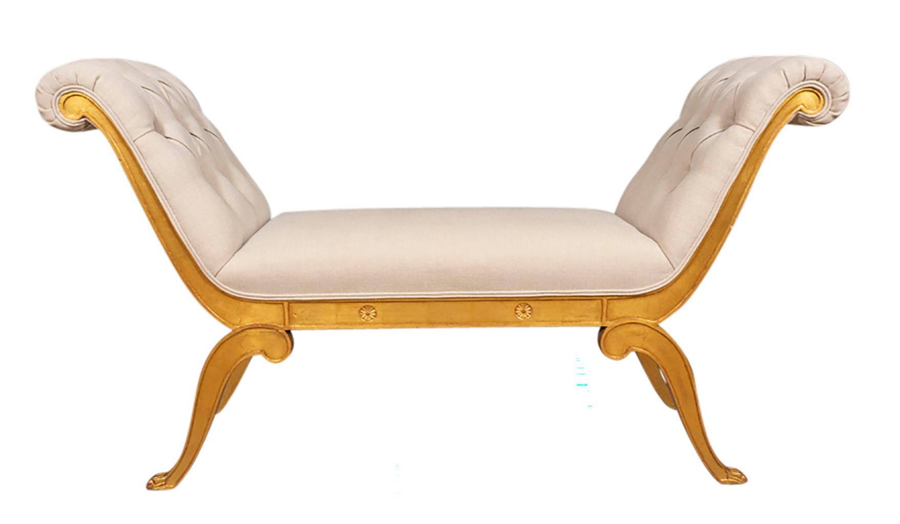 Late 20th Century Neoclassic Style Giltwood And Upholstered Bench  For Sale