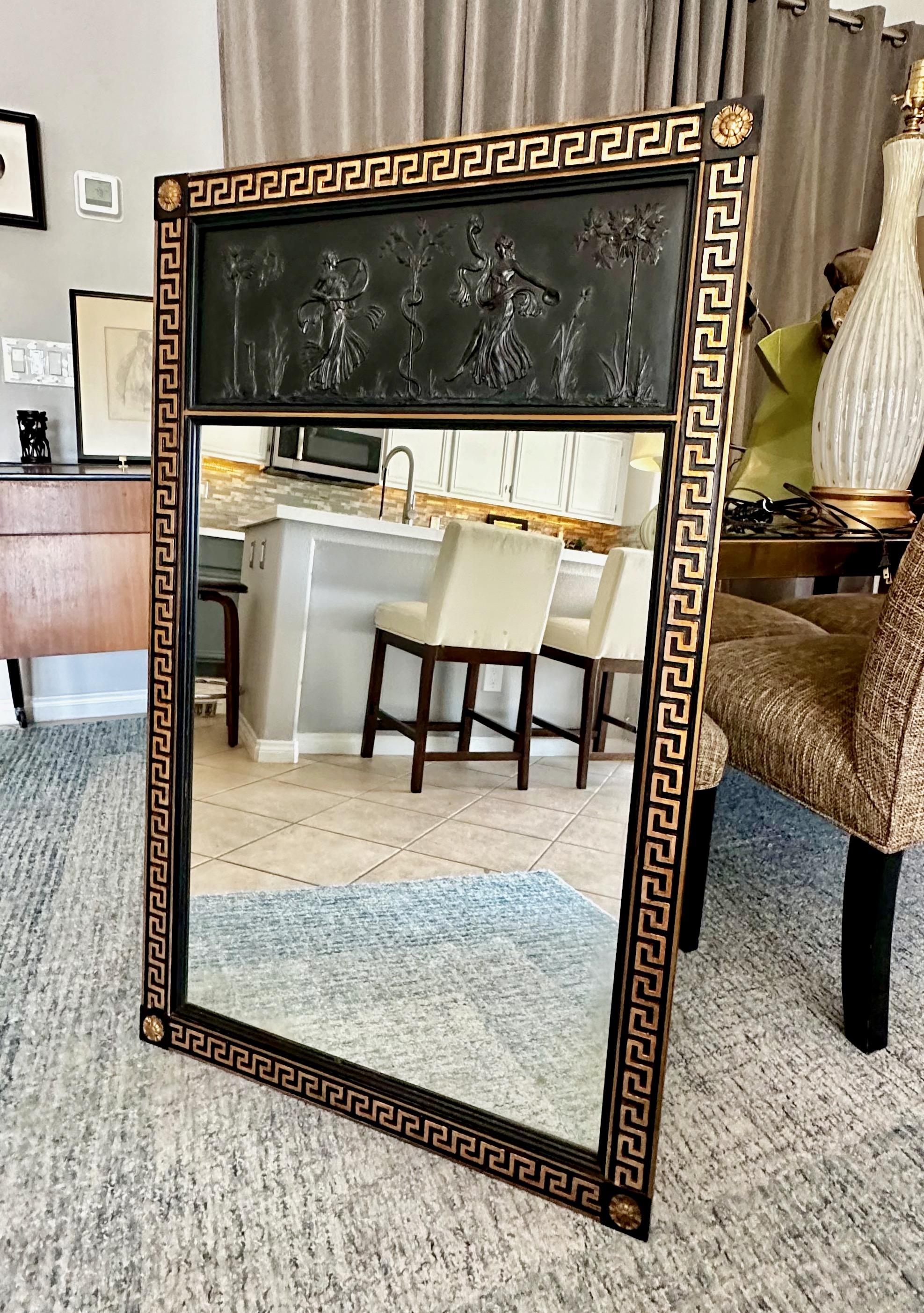 Miroir mural laqué noir à clé grecque de style néoclassique en vente 4
