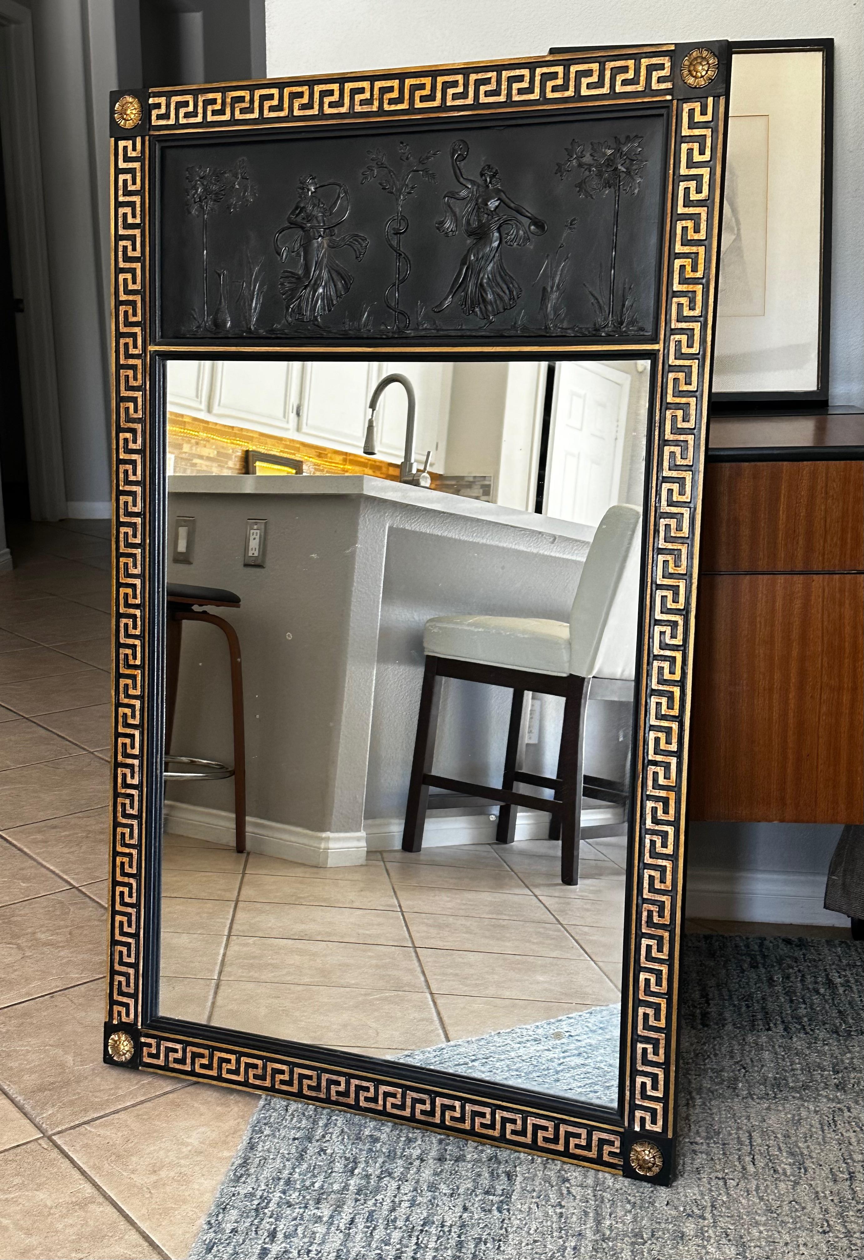 Miroir mural laqué noir à clé grecque de style néoclassique en vente 7