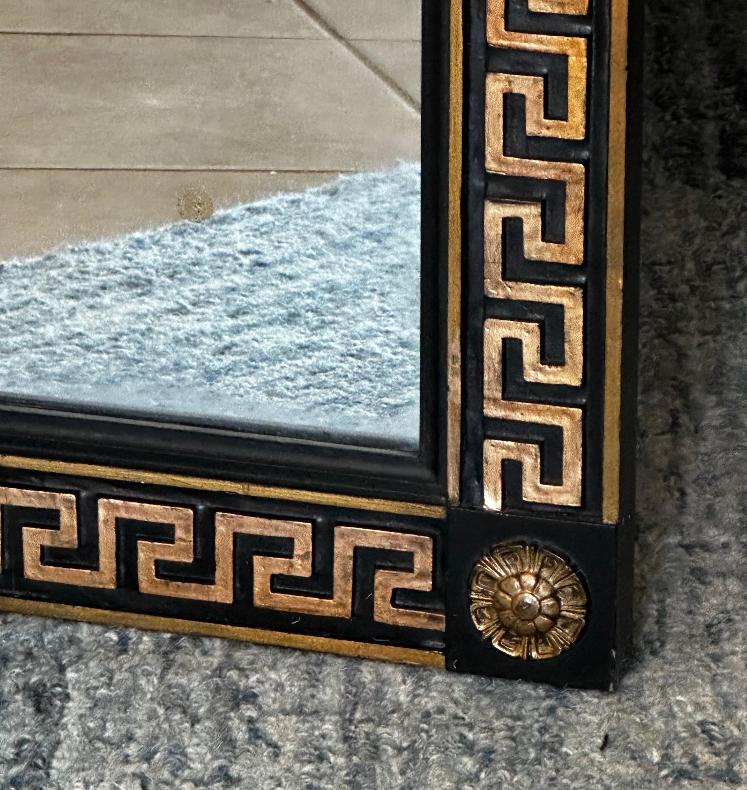 Miroir mural laqué noir à clé grecque de style néoclassique en vente 9