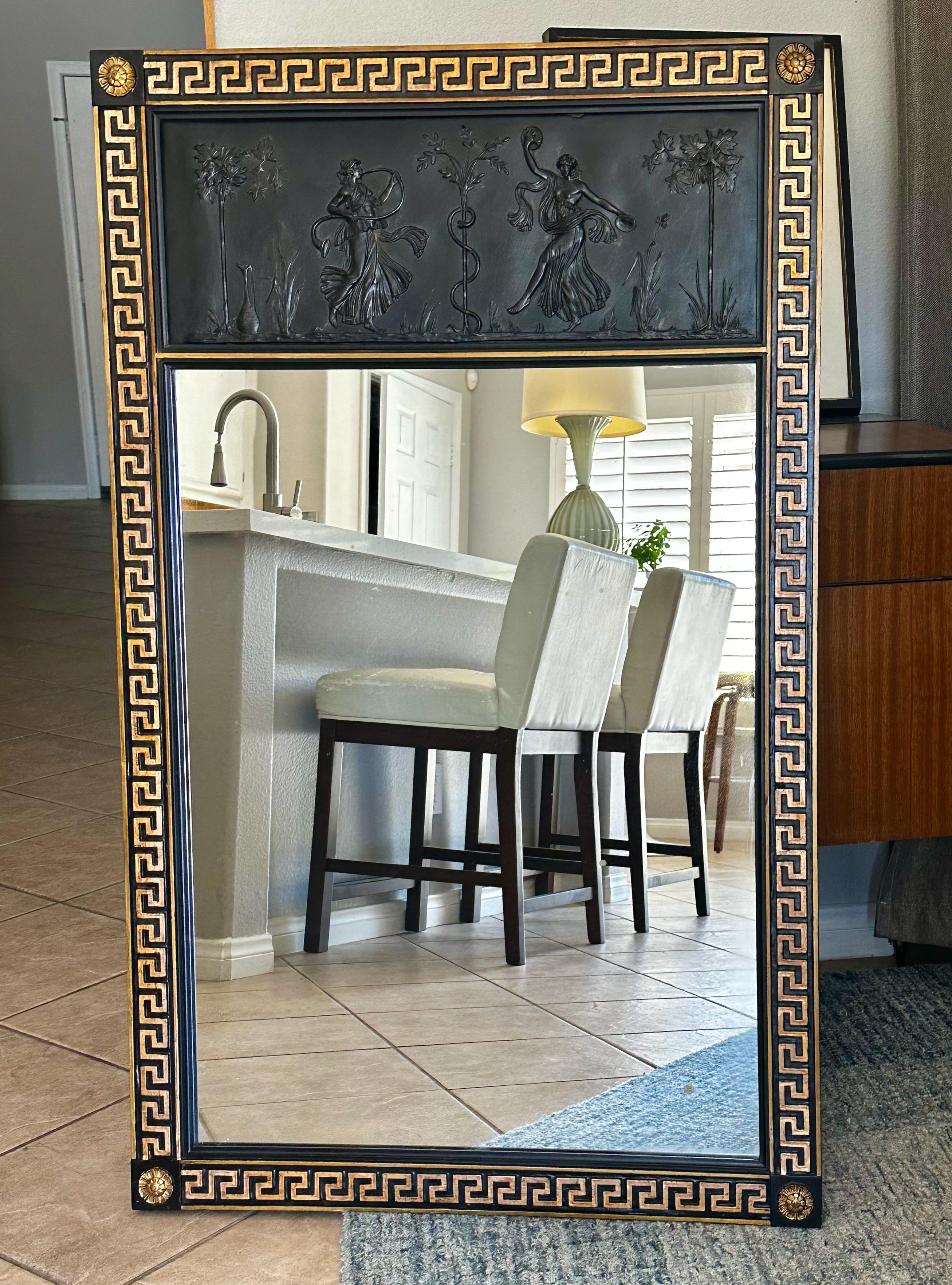 Miroir mural laqué noir à clé grecque de style néoclassique en vente 11
