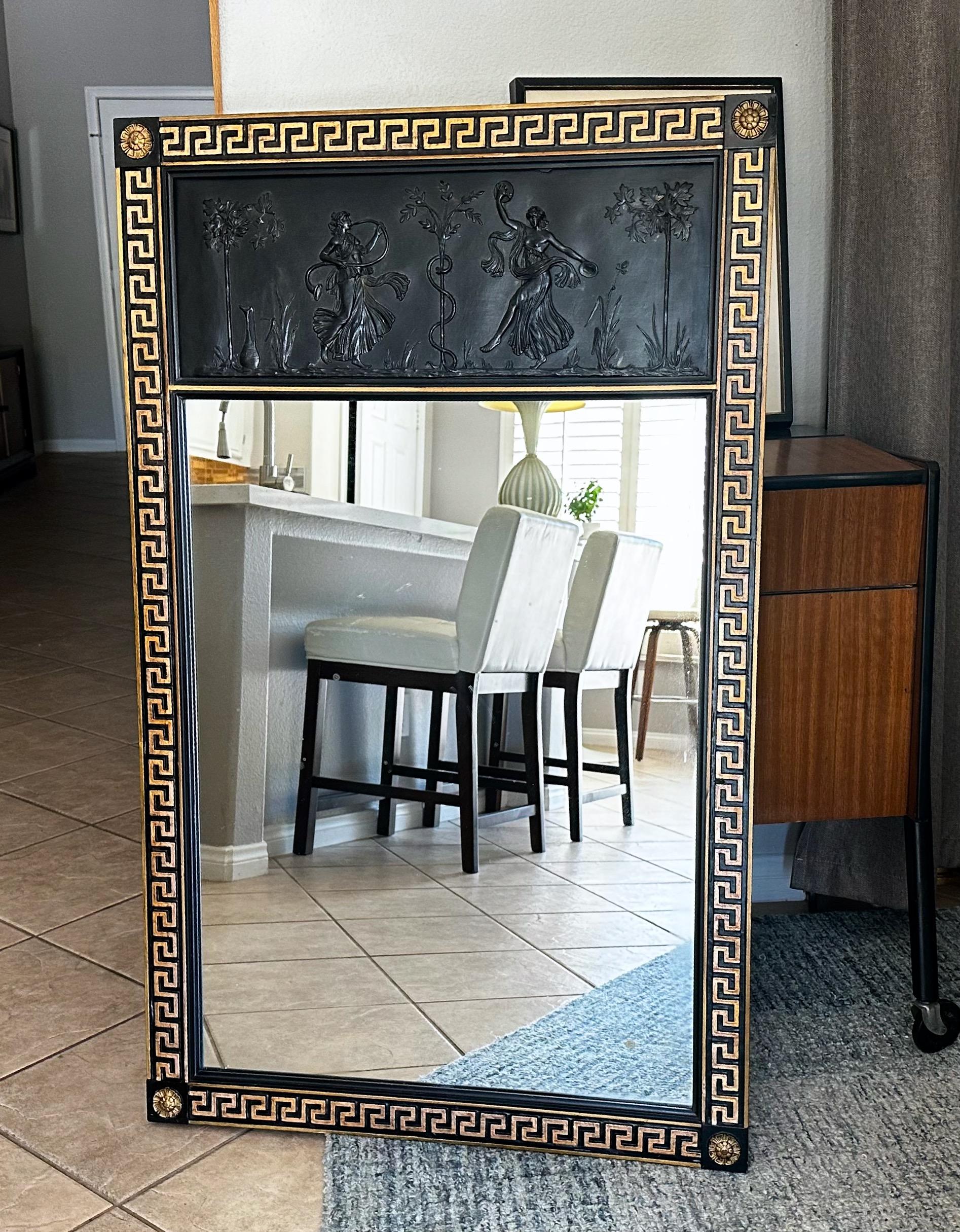 Miroir mural laqué noir à clé grecque de style néoclassique Bon état - En vente à Palm Springs, CA