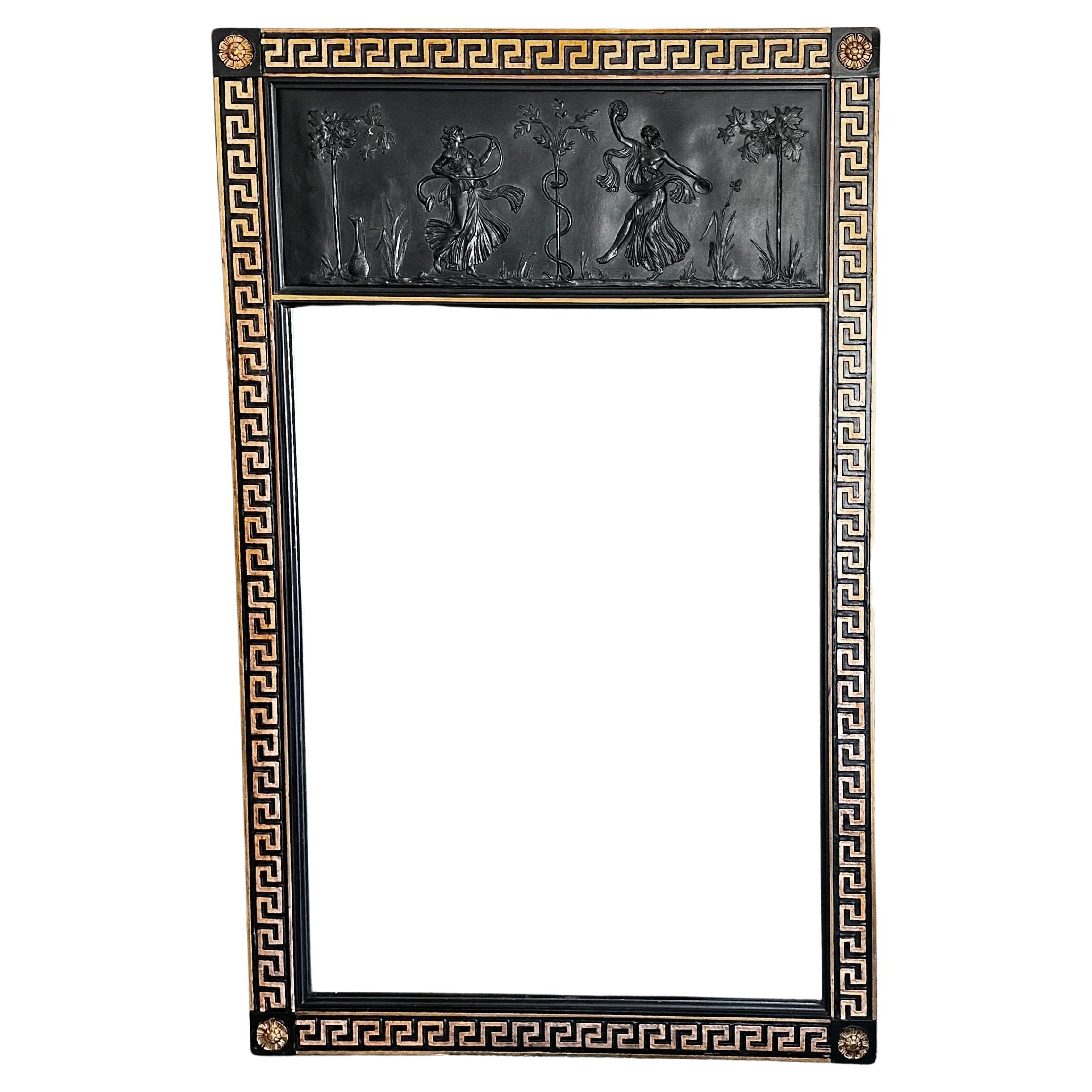 Miroir mural laqué noir à clé grecque de style néoclassique
