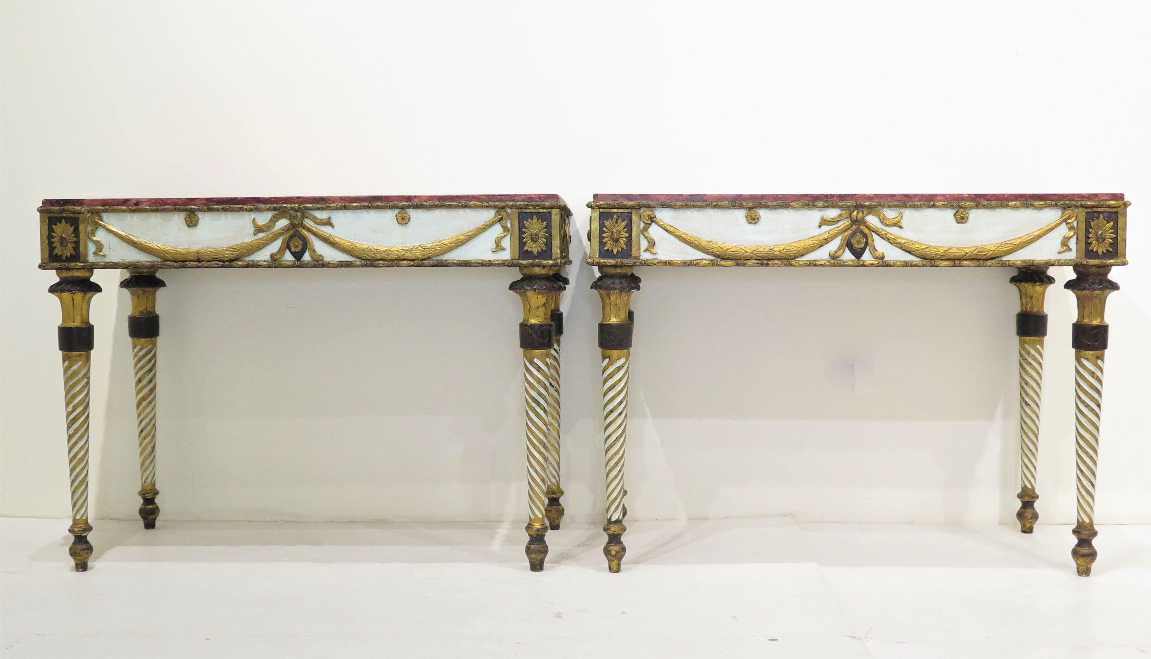 Neoclassic Style Painted Console Tables with Faux Marble Tops For Sale 10