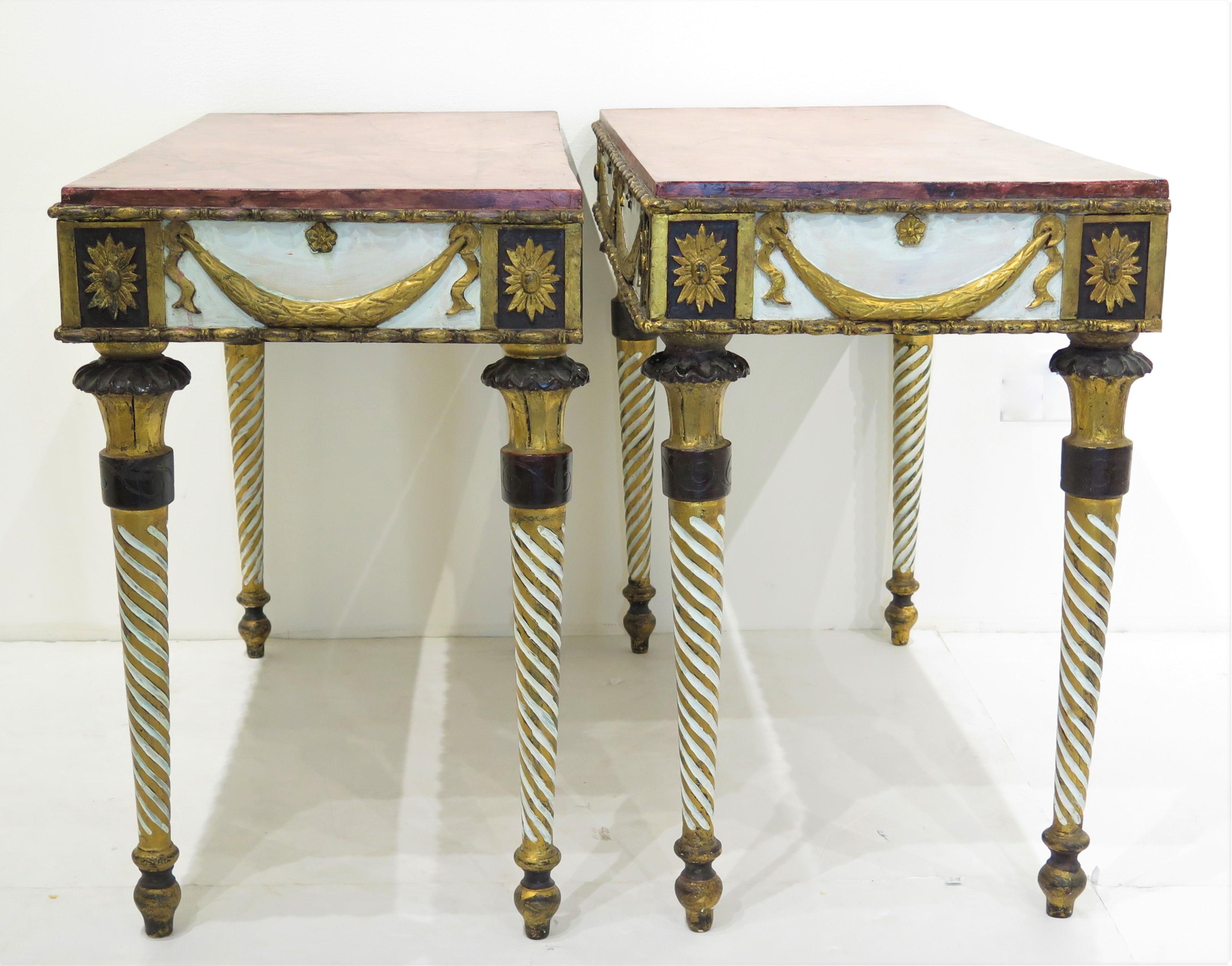 Neoclassical Neoclassic Style Painted Console Tables with Faux Marble Tops For Sale