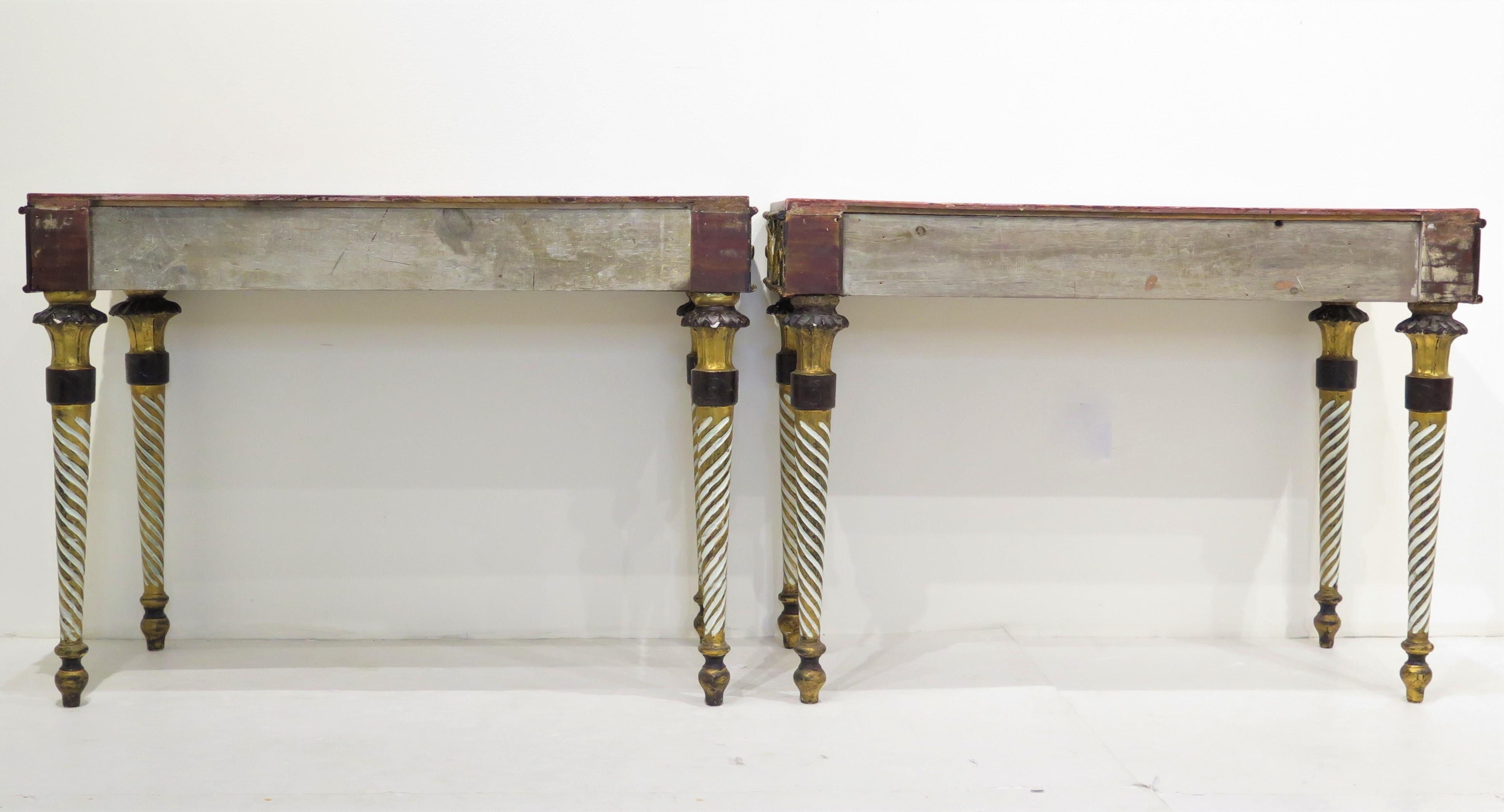 Italian Neoclassic Style Painted Console Tables with Faux Marble Tops For Sale