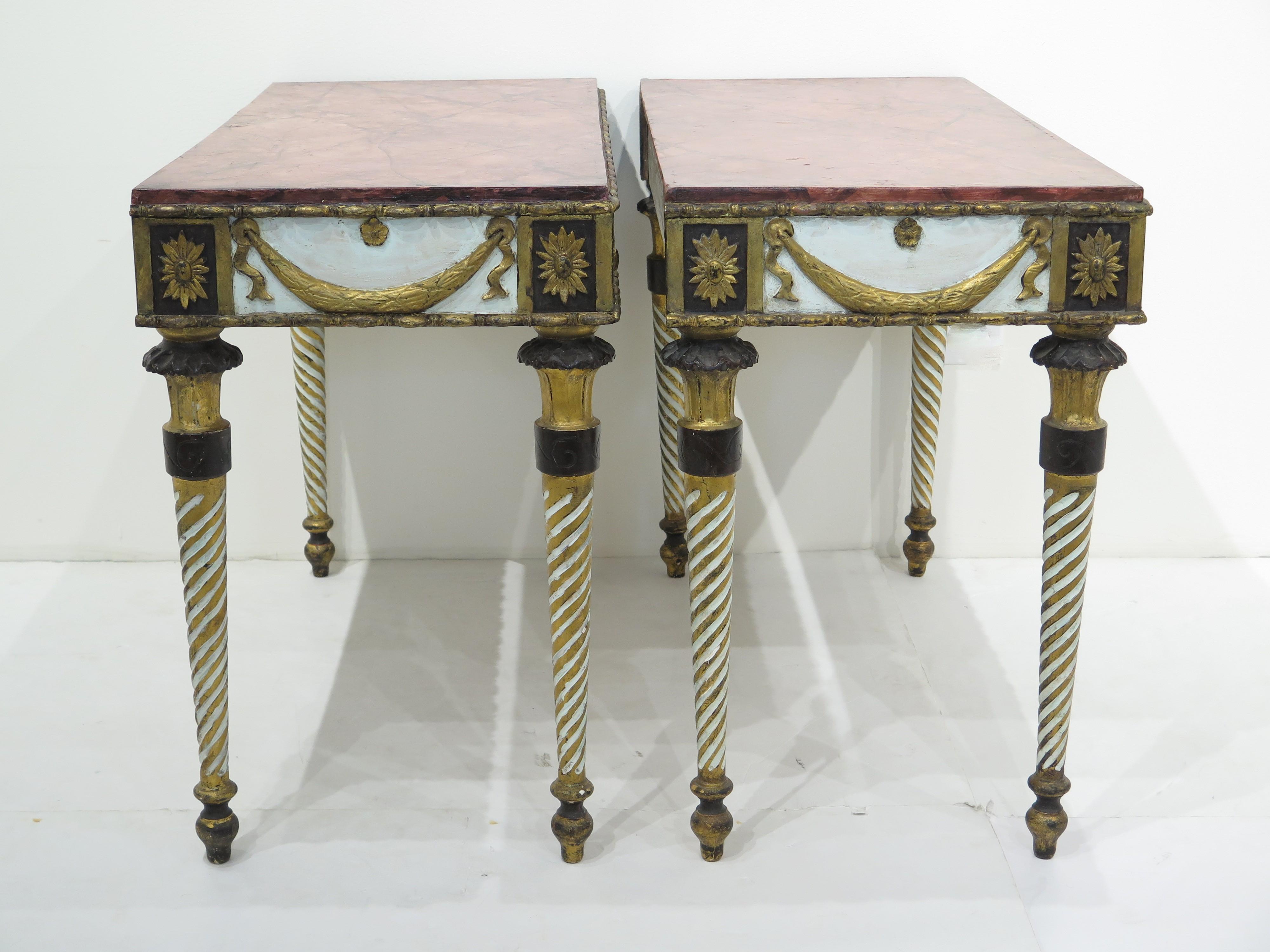 Polychromed Neoclassic Style Painted Console Tables with Faux Marble Tops For Sale