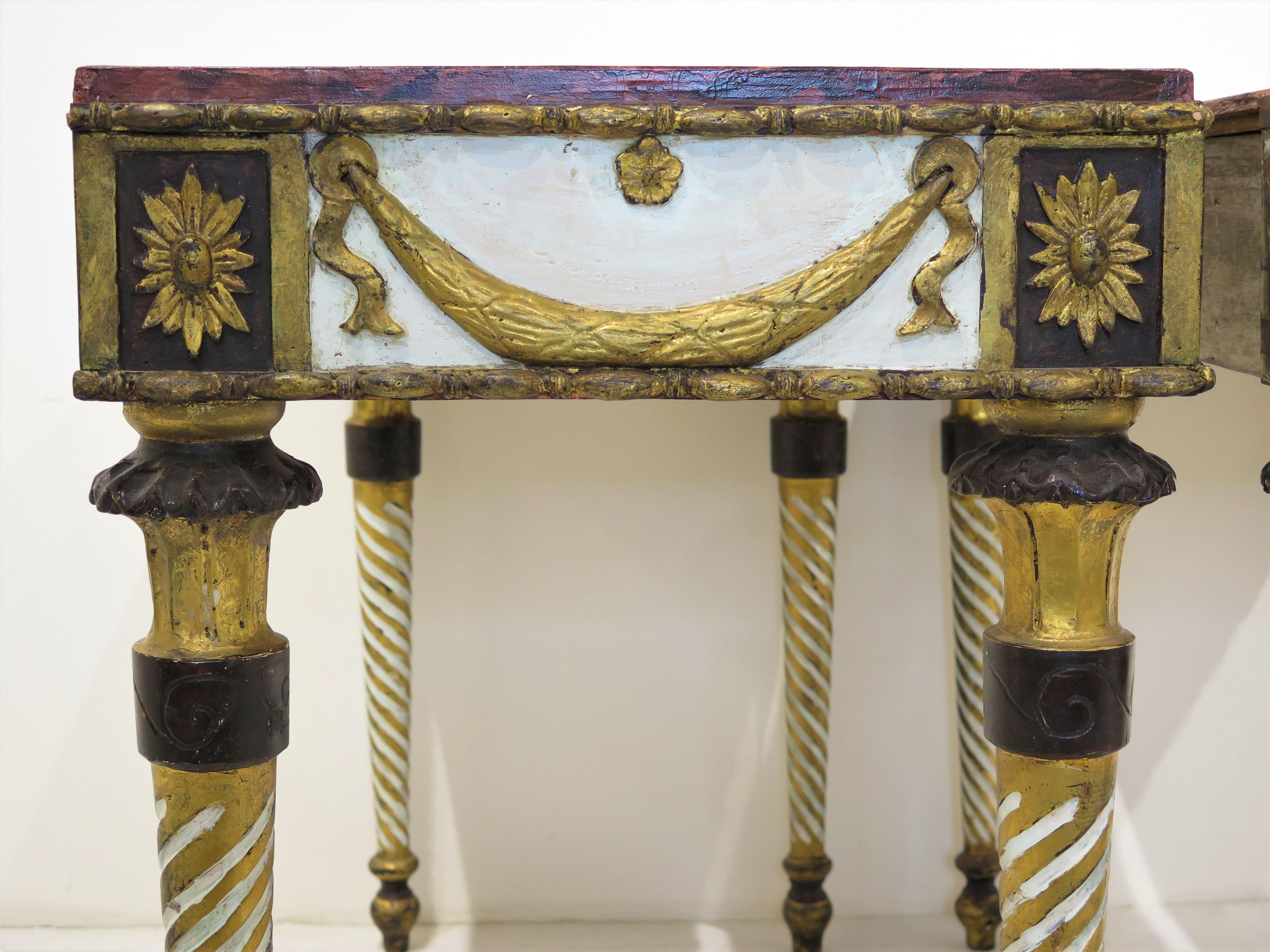 19th Century Neoclassic Style Painted Console Tables with Faux Marble Tops For Sale