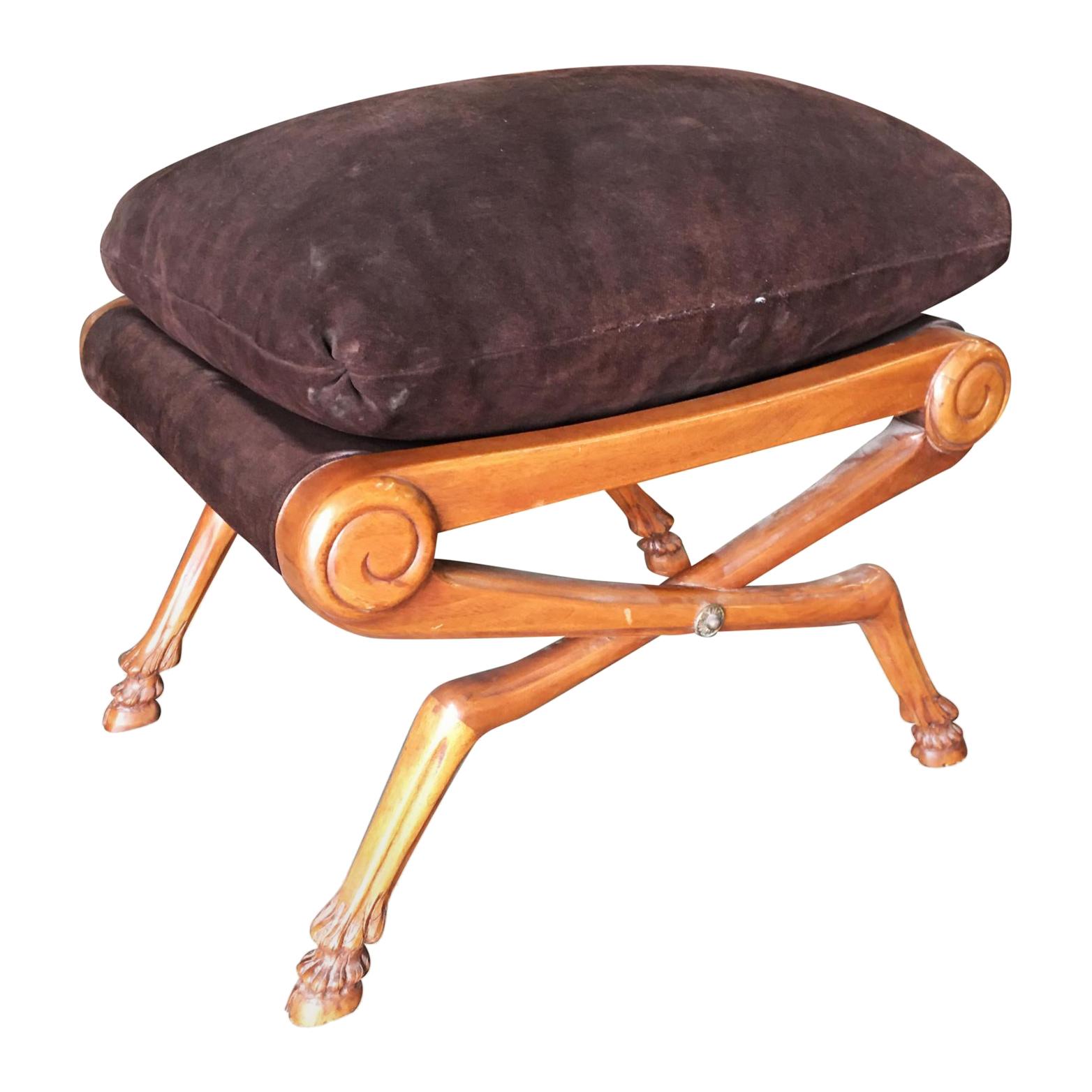 Neoclassic Style Walnut Stool with Brown Velvet Top For Sale