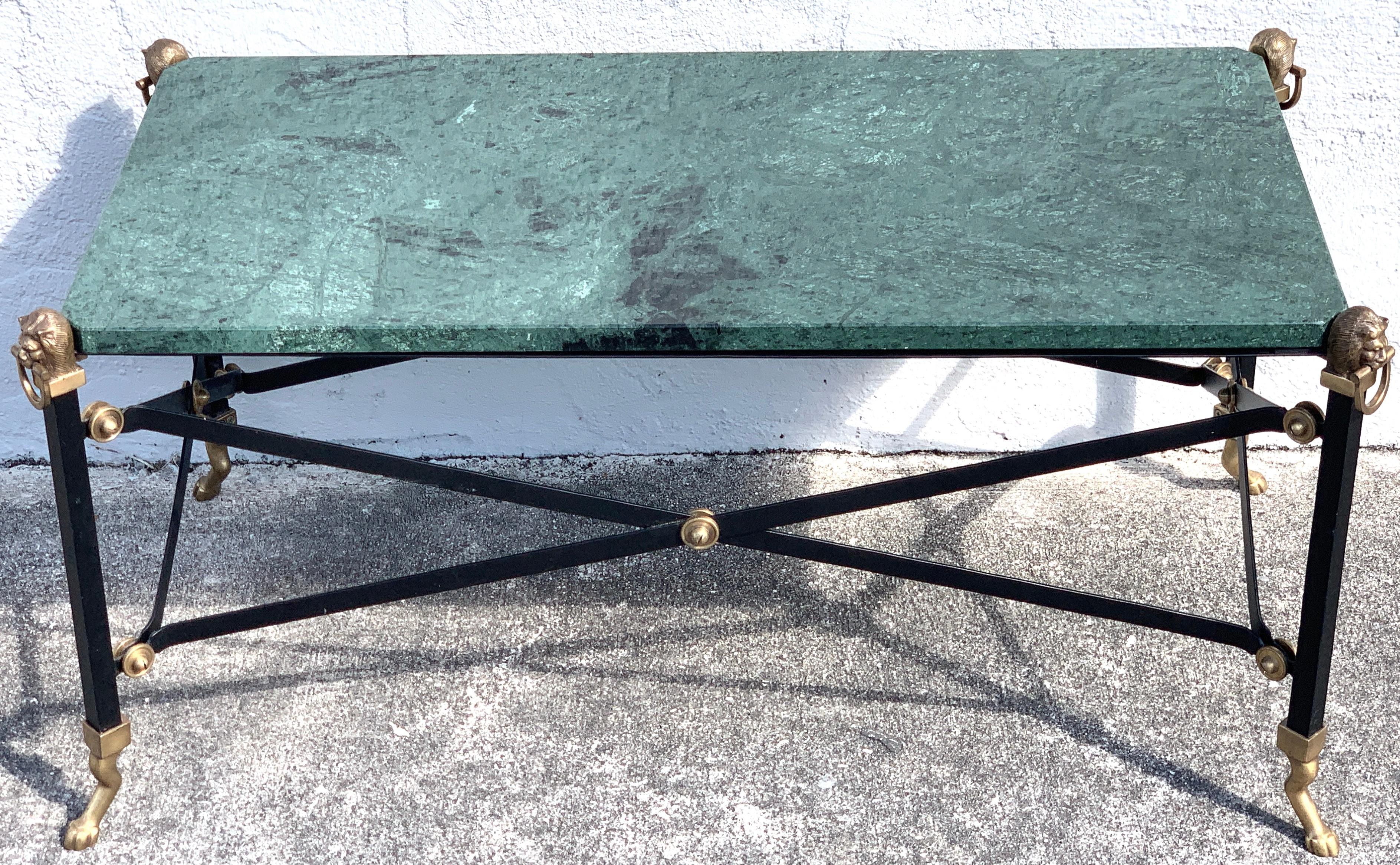Neoclassic Verdigris marble top Campaign style coffee table by Maitland Smith, With removable canted 18