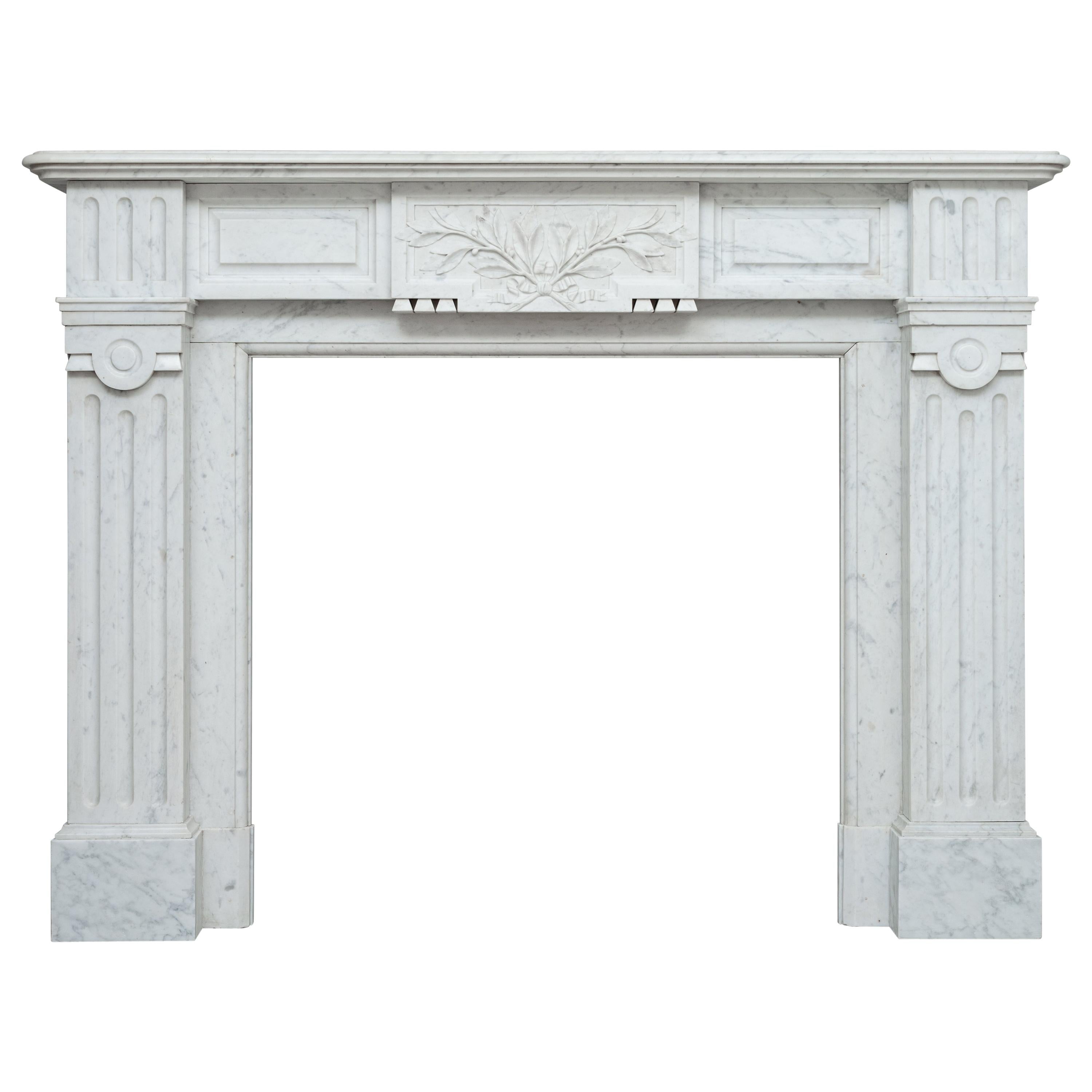 Neoclassic French White Carrara Marble Antique Fireplace For Sale