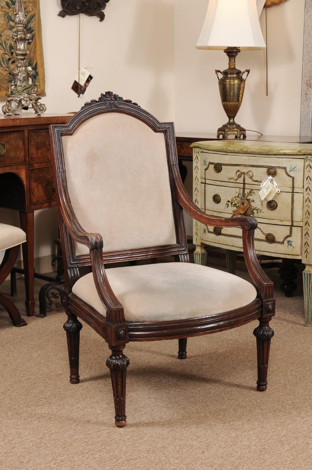 Neoclassical period walnut armchair with fluted tapering legs, Italy ca. 1790.