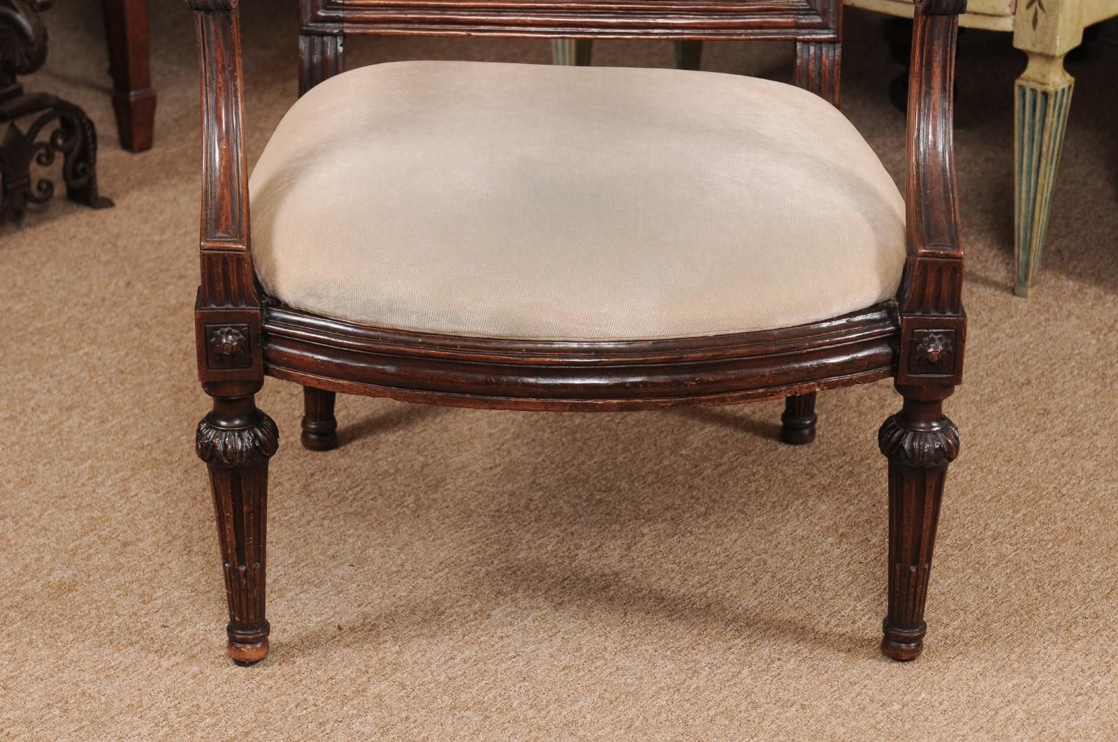 18th Century Neoclassical Period Walnut Armchair with Fluted Tapering Legs, Italy, ca. 1790 For Sale