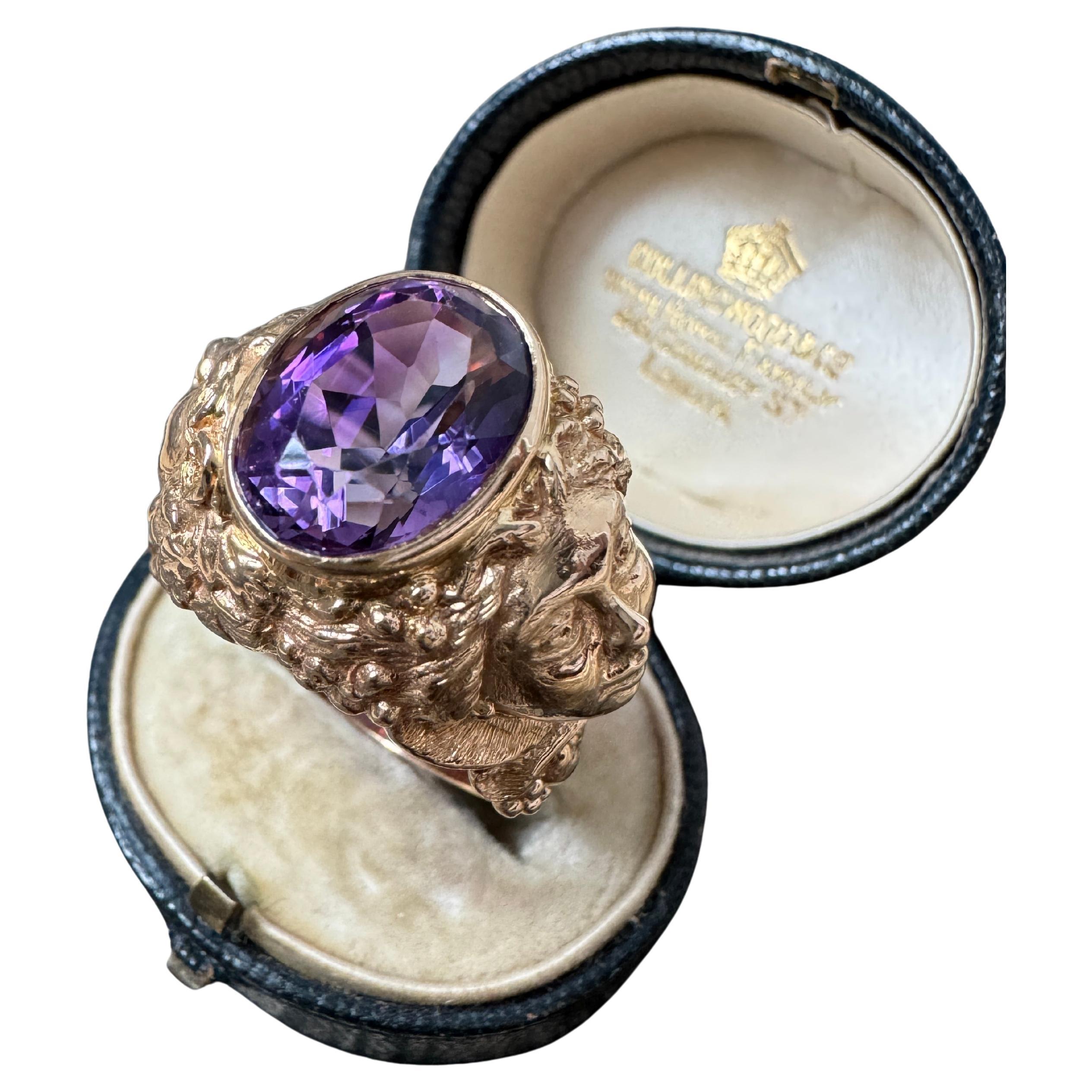 Bague néoclassique Bacchus Dionysos en améthyste 14 carats en vente