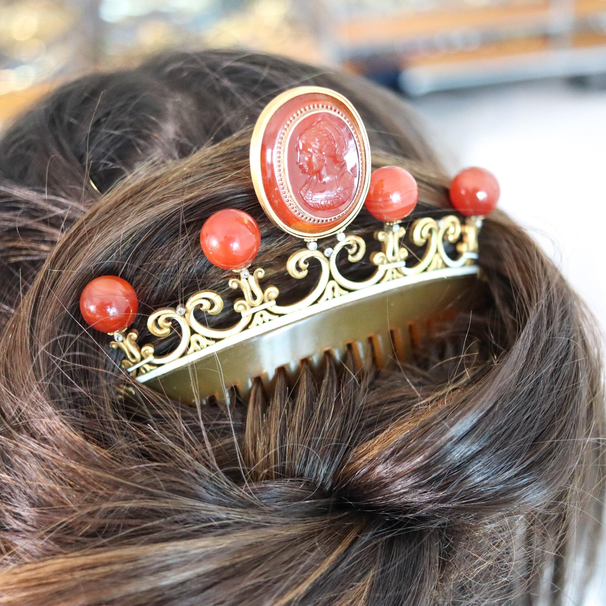 A neoclassical crown shaped hair-comb made in Austria.

This fabulous jeweled hair-comb was created in Europe during the Victorian period between the 1880 and 1900, and is most probably of Austrian origin. The gorgeous hair-comb is extremely rare