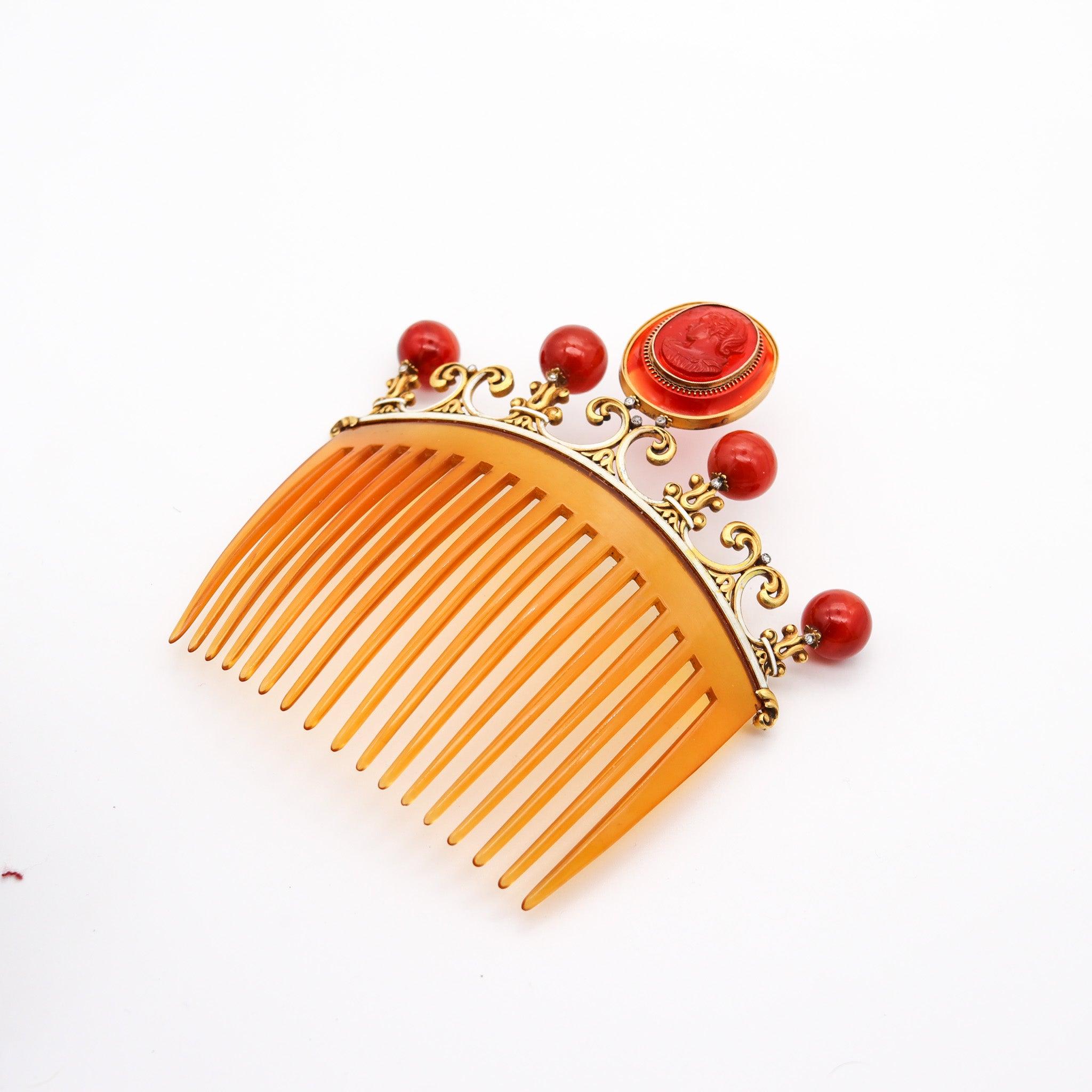 Neoclassical NEOCLASSICAL 1880 Enameled Hair Comb In 18Kt Gold Diamonds & Carved Agates For Sale