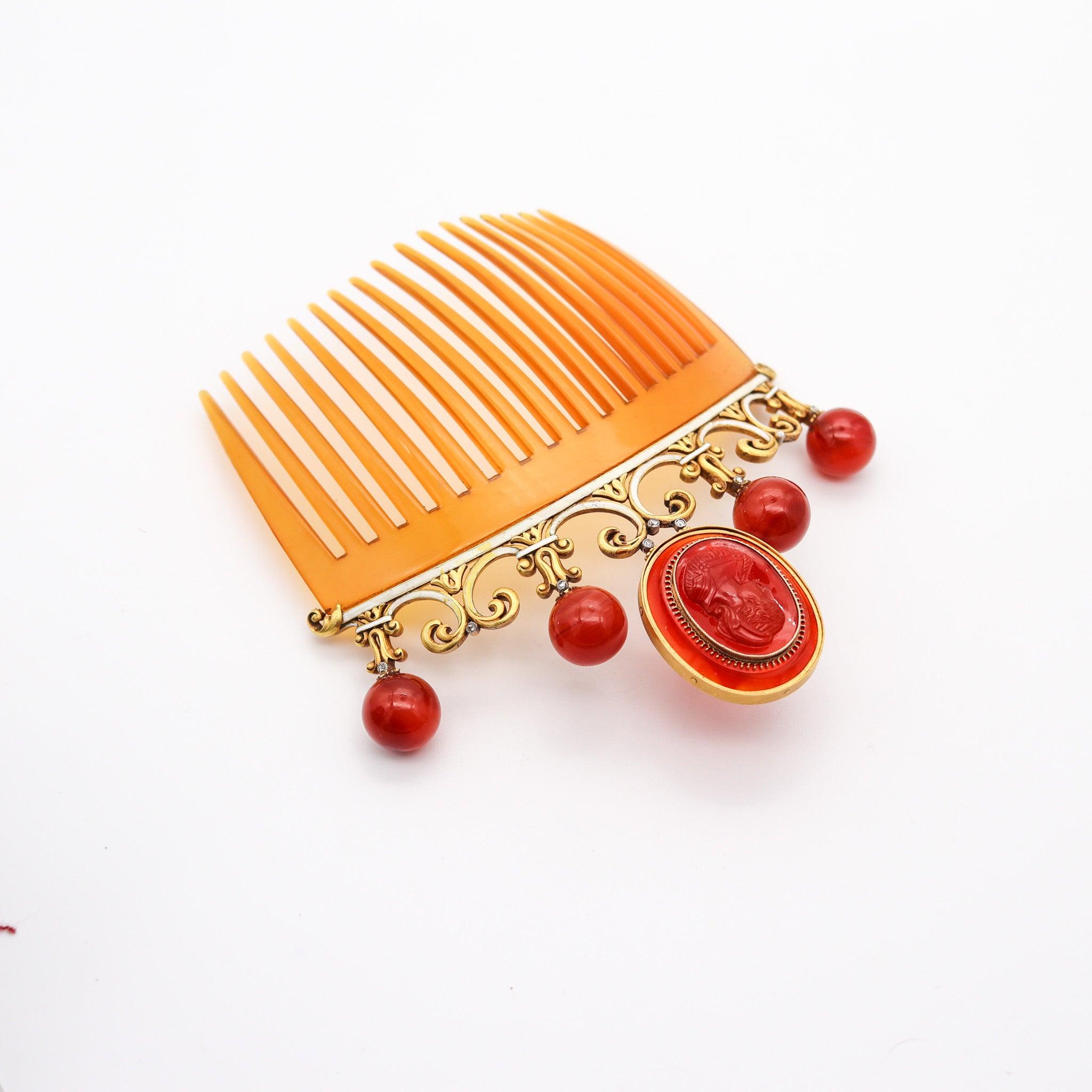 Old European Cut NEOCLASSICAL 1880 Enameled Hair Comb In 18Kt Gold Diamonds & Carved Agates For Sale