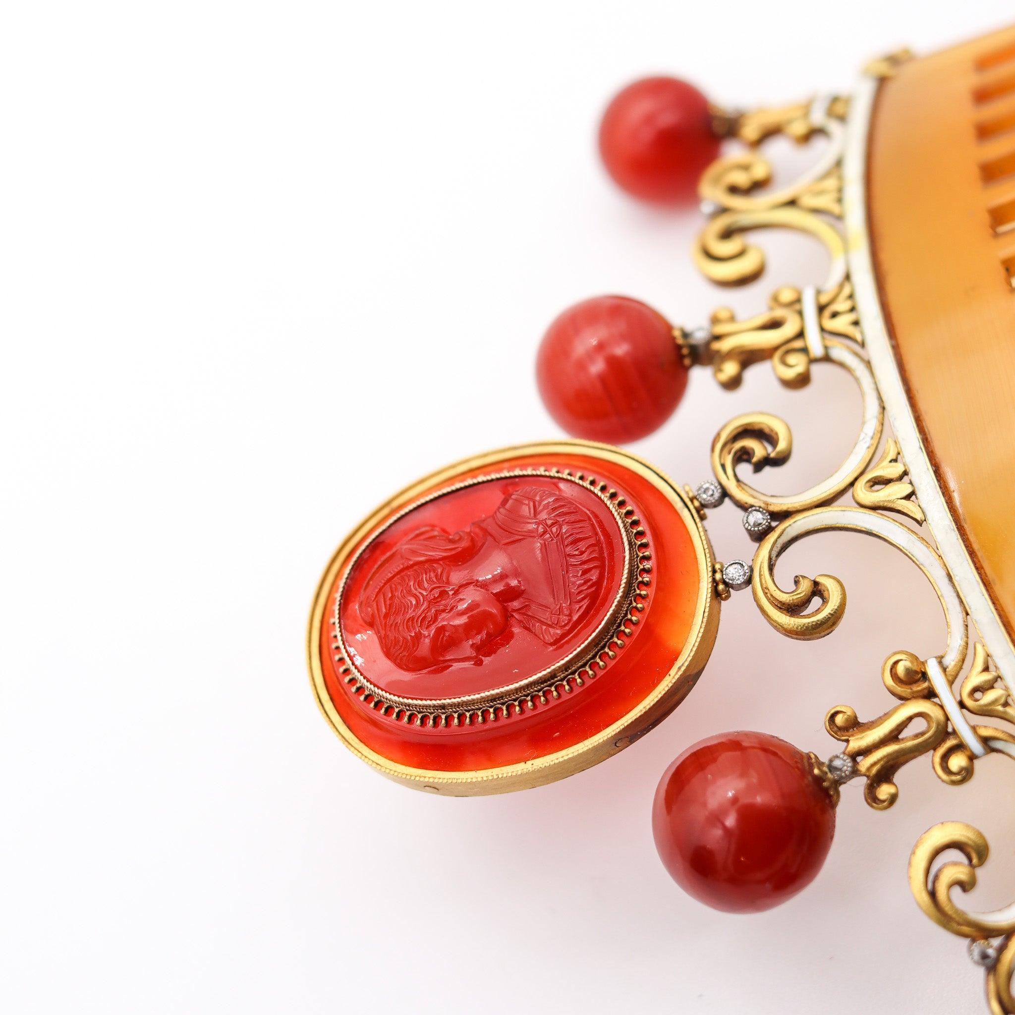 NEOCLASSICAL 1880 Enameled Hair Comb In 18Kt Gold Diamonds & Carved Agates In Good Condition For Sale In Miami, FL
